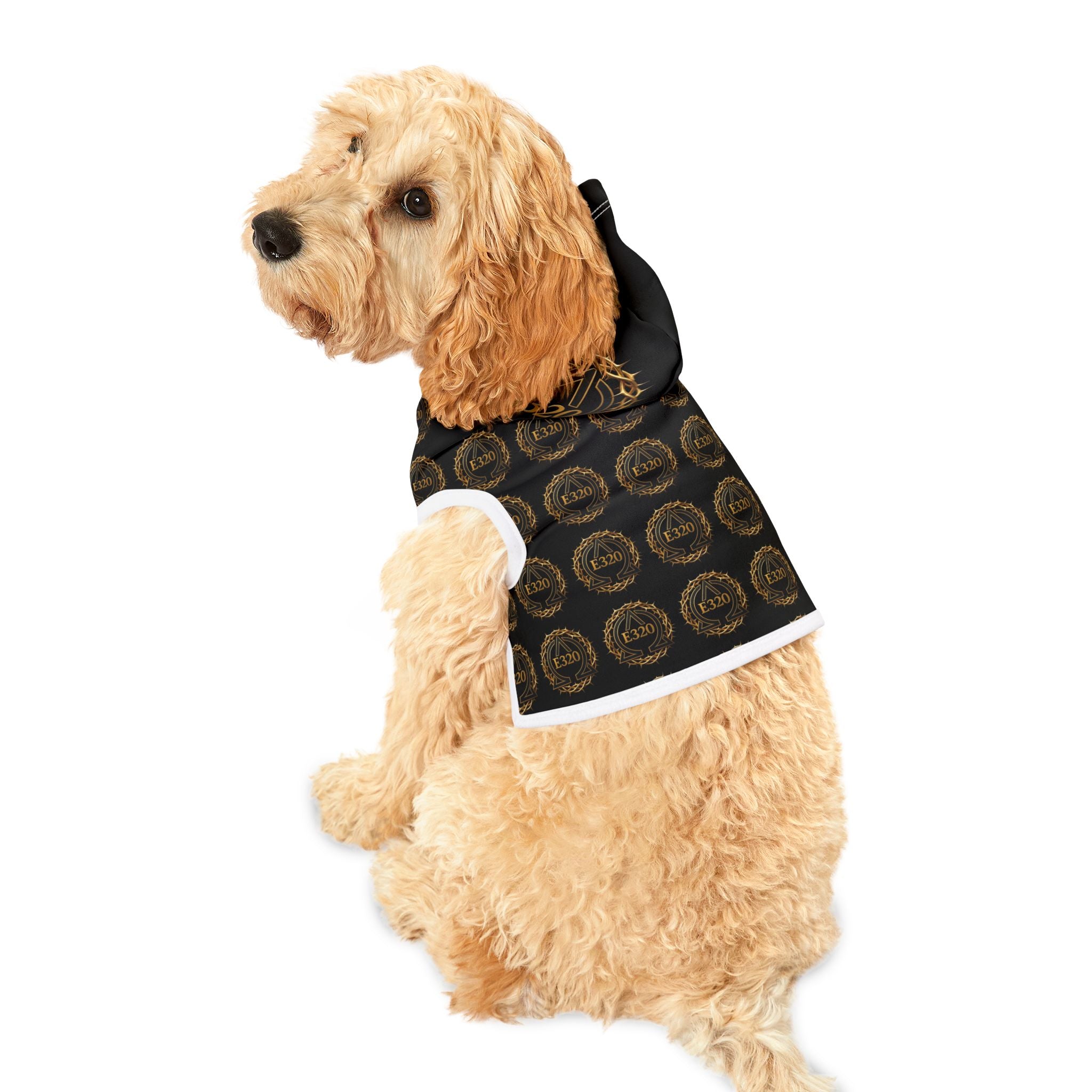 Pet Hoodie — Luxe Black & Gold Crest Pattern Hooded Dog Sweatshirt