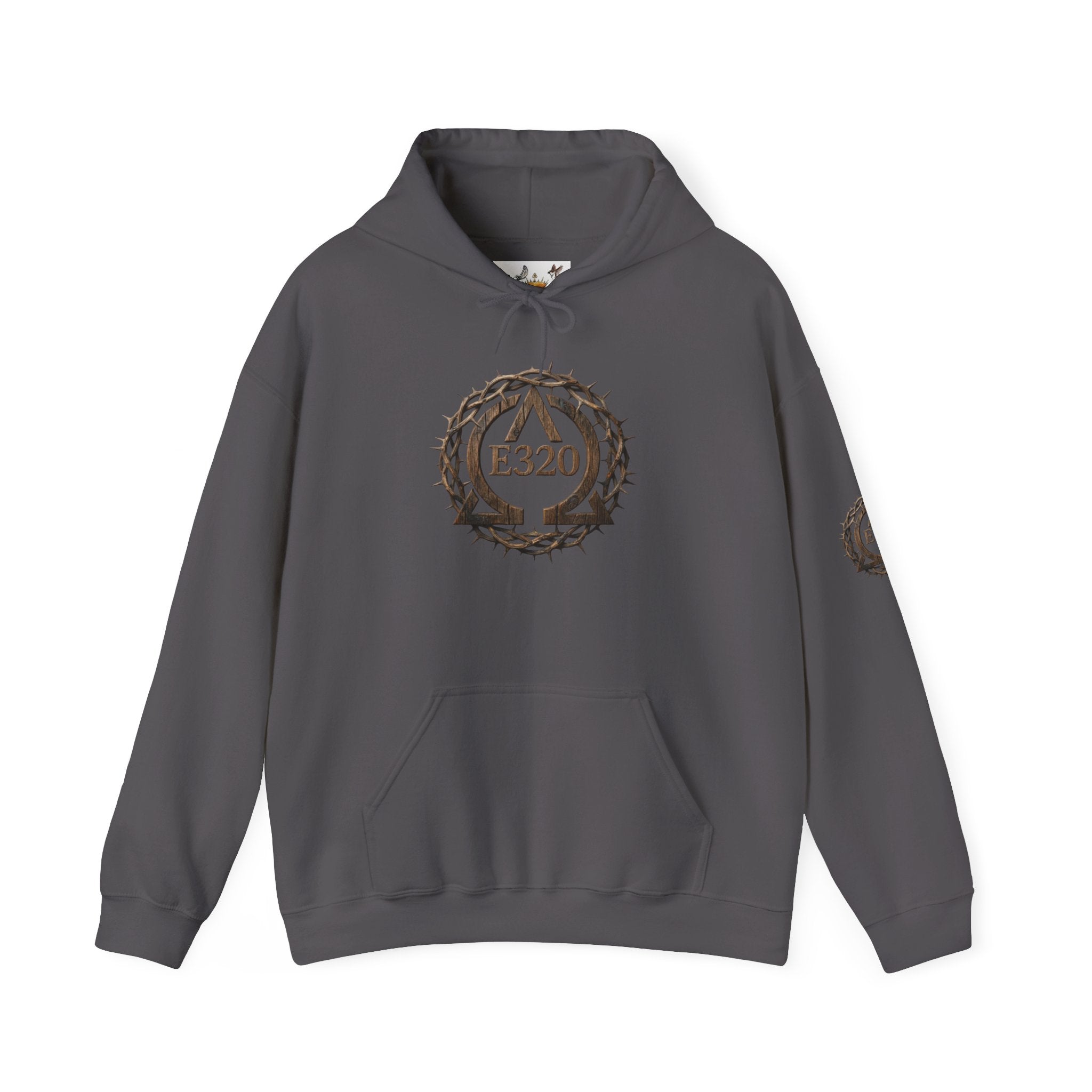 E320 Crest Hoodie — Vintage Wood-Look Alpha and Omega Crown Of Thorns QR Emblem Pullover