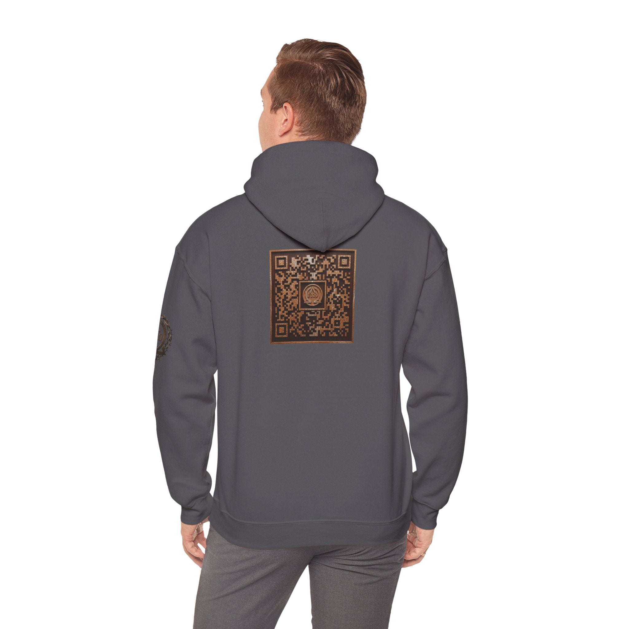 E320 Crest Hoodie — Vintage Wood-Look Alpha and Omega Crown Of Thorns QR Emblem Pullover