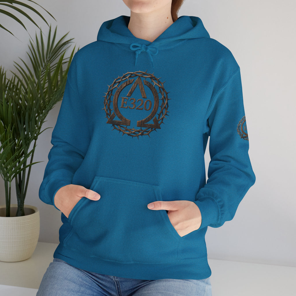 E320 Crest Hoodie — Vintage Wood-Look Alpha and Omega Crown Of Thorns QR Emblem Pullover
