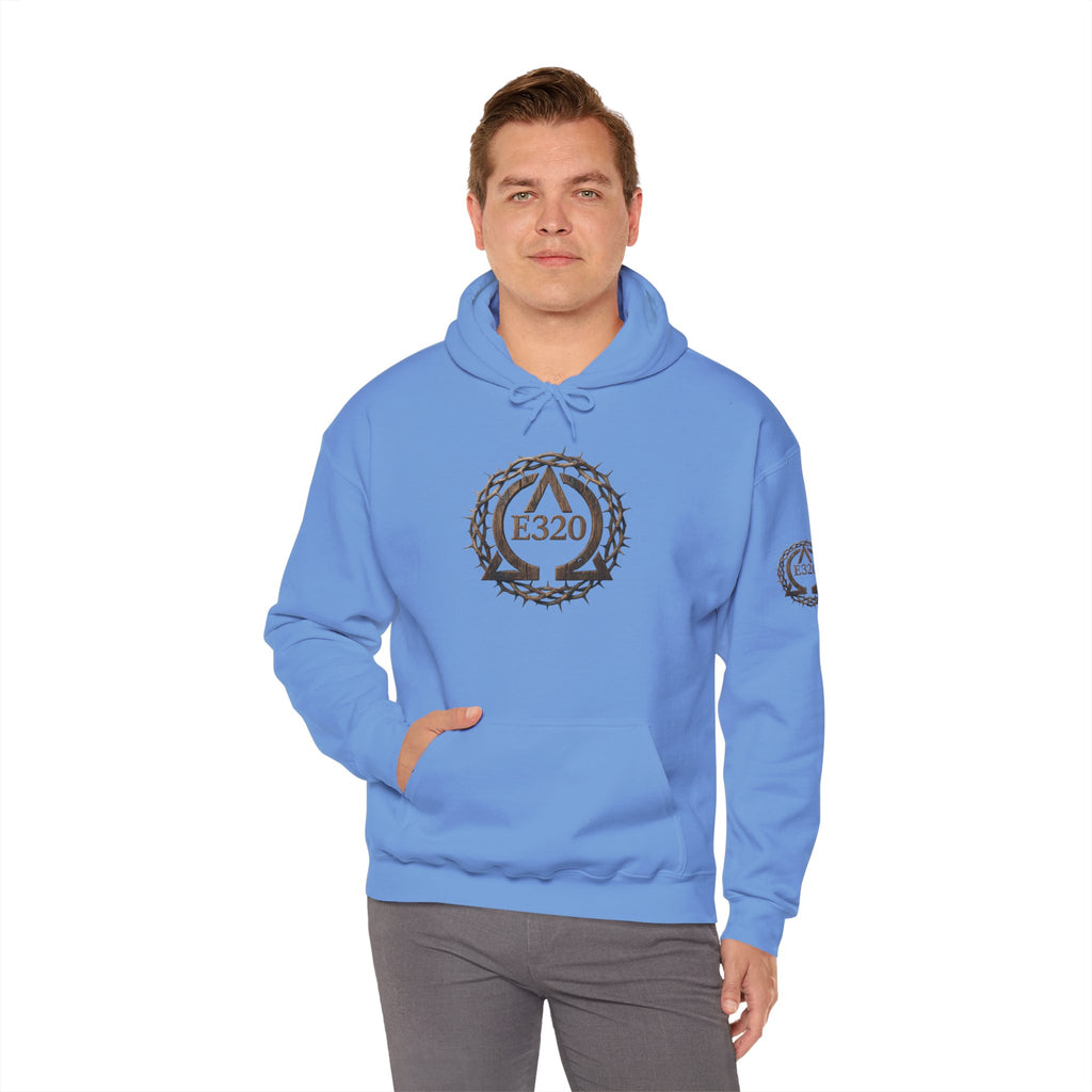 E320 Crest Hoodie — Vintage Wood-Look Alpha and Omega Crown Of Thorns QR Emblem Pullover