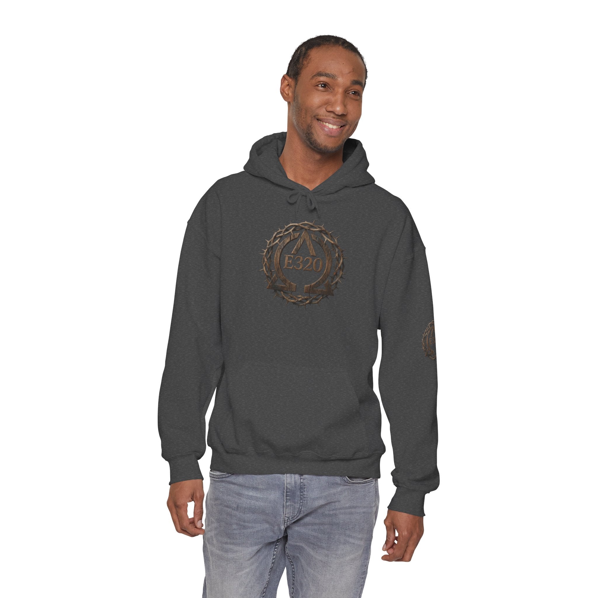 E320 Crest Hoodie — Vintage Wood-Look Alpha and Omega Crown Of Thorns QR Emblem Pullover