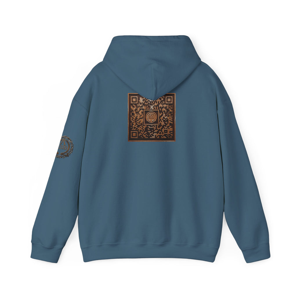 E320 Crest Hoodie — Vintage Wood-Look Alpha and Omega Crown Of Thorns QR Emblem Pullover
