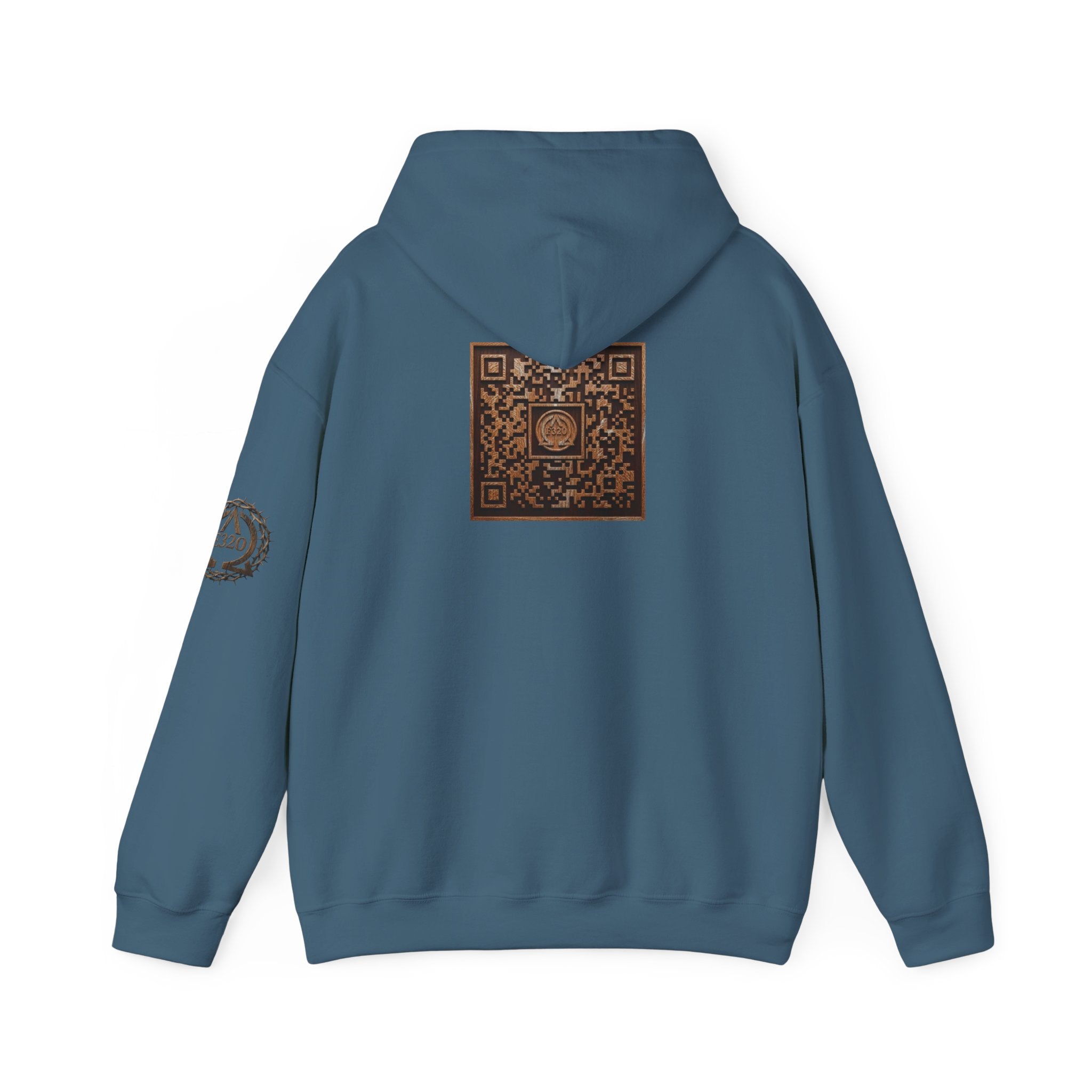 E320 Crest Hoodie — Vintage Wood-Look Alpha and Omega Crown Of Thorns QR Emblem Pullover