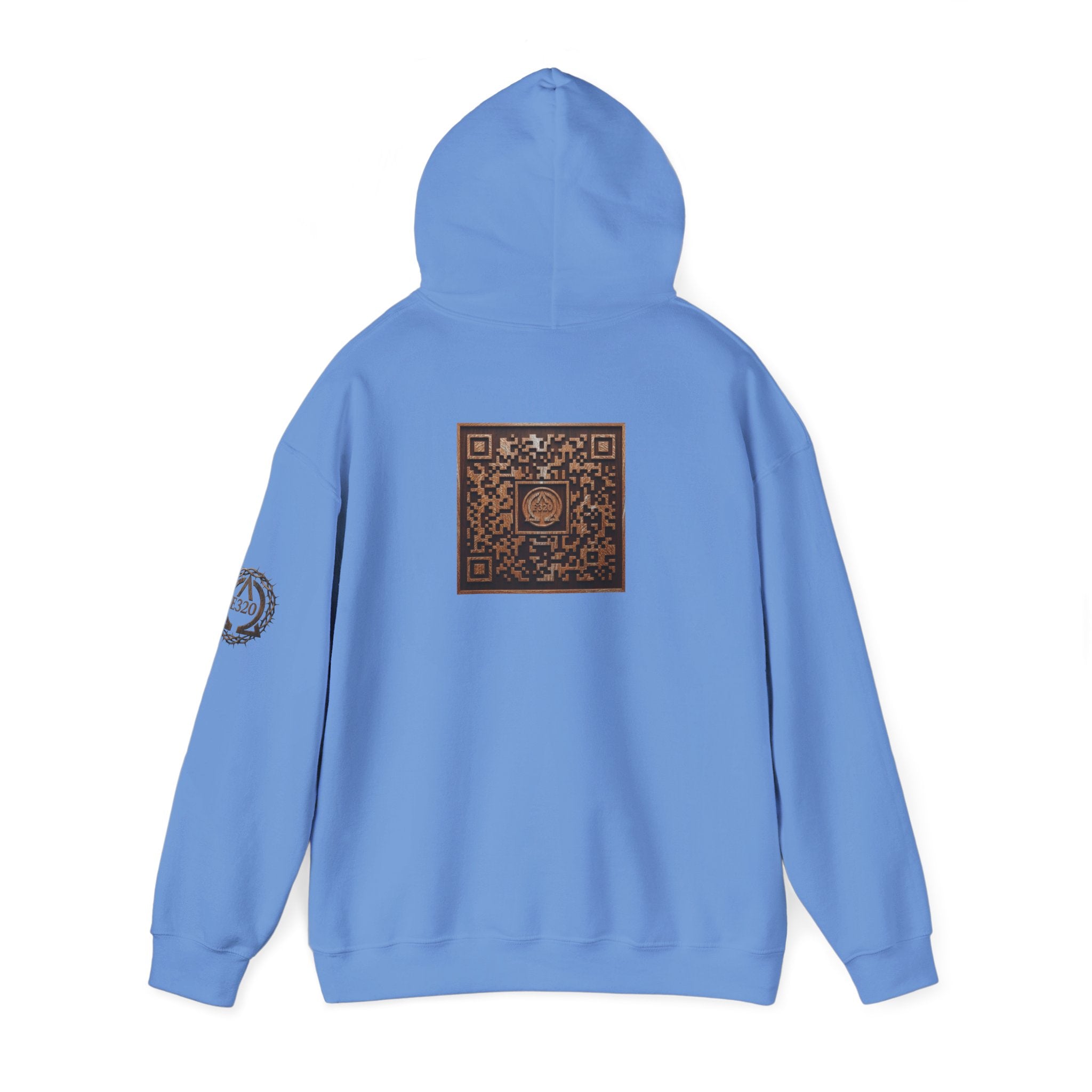 E320 Crest Hoodie — Vintage Wood-Look Alpha and Omega Crown Of Thorns QR Emblem Pullover