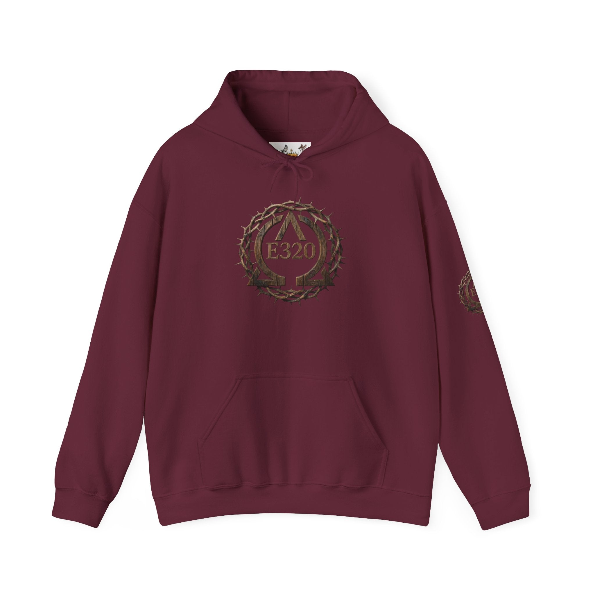 E320 Crest Hoodie — Vintage Wood-Look Alpha and Omega Crown Of Thorns QR Emblem Pullover
