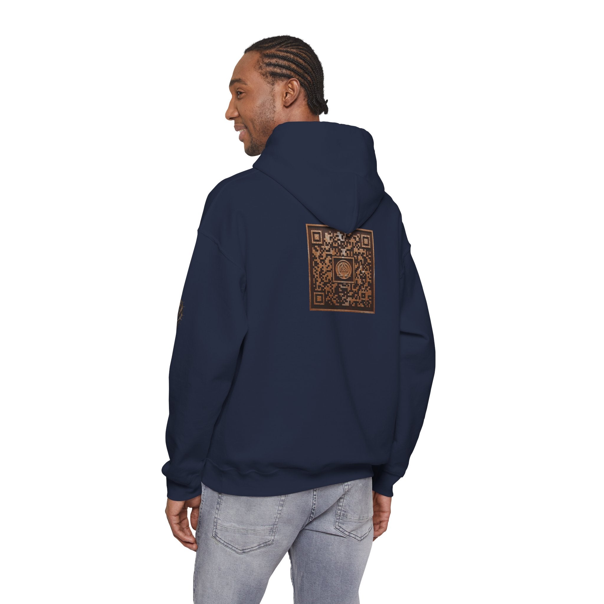 E320 Crest Hoodie — Vintage Wood-Look Alpha and Omega Crown Of Thorns QR Emblem Pullover