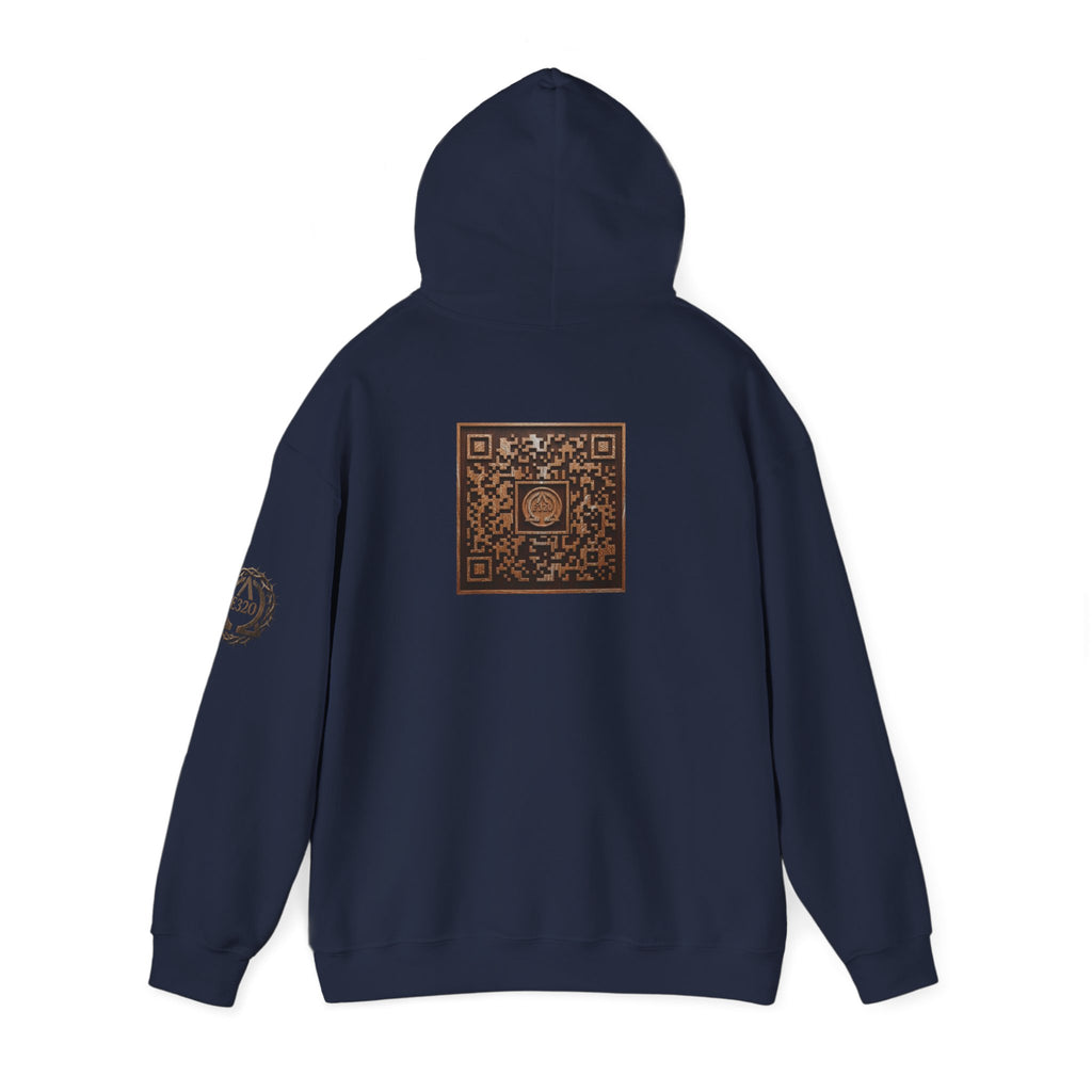 E320 Crest Hoodie — Vintage Wood-Look Alpha and Omega Crown Of Thorns QR Emblem Pullover