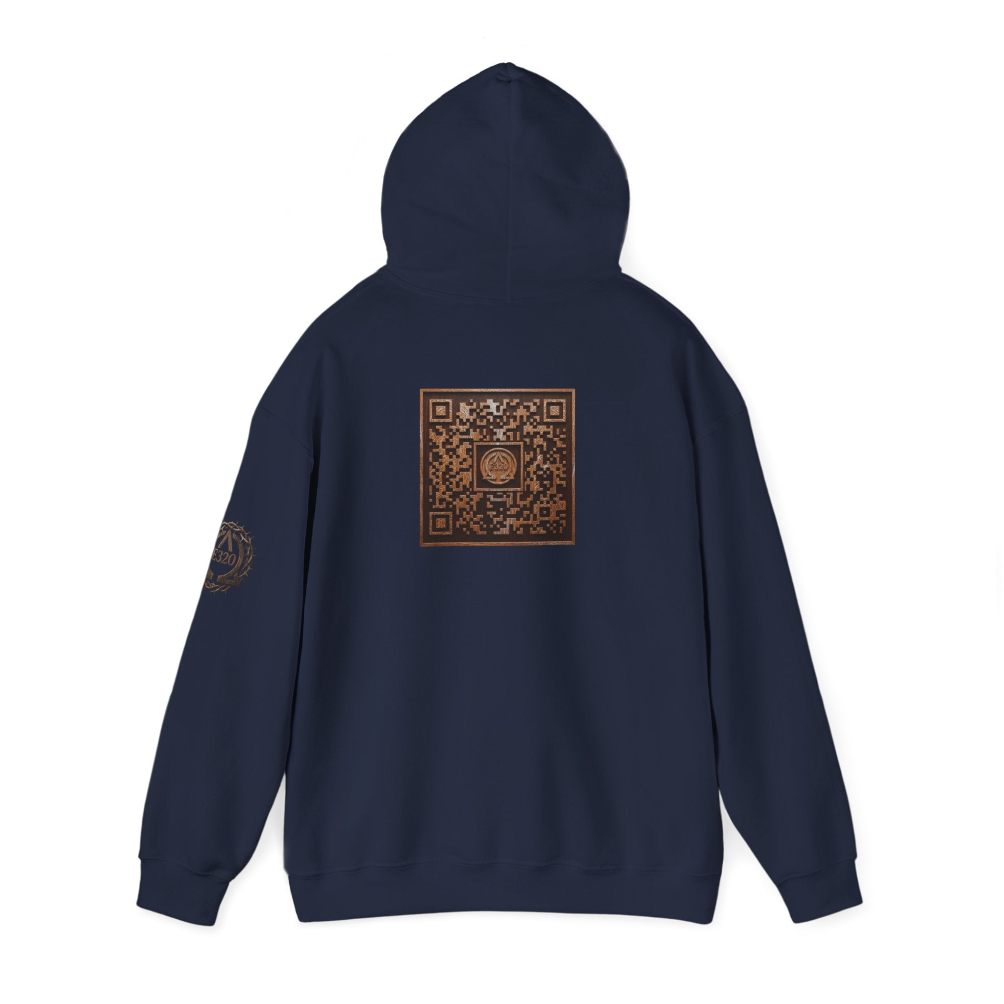 E320 Crest Hoodie — Vintage Wood-Look Alpha and Omega Crown Of Thorns QR Emblem Pullover