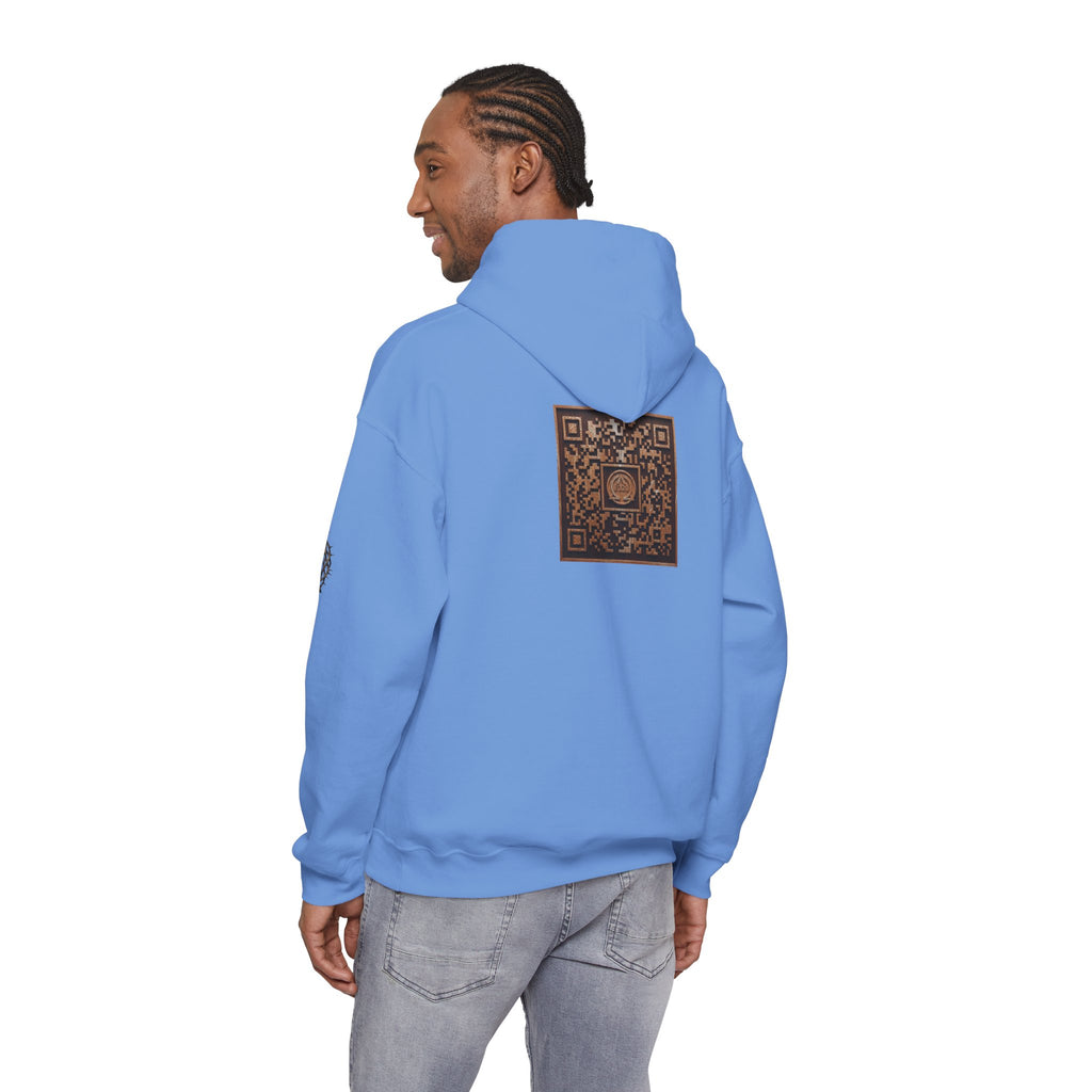 E320 Crest Hoodie — Vintage Wood-Look Alpha and Omega Crown Of Thorns QR Emblem Pullover
