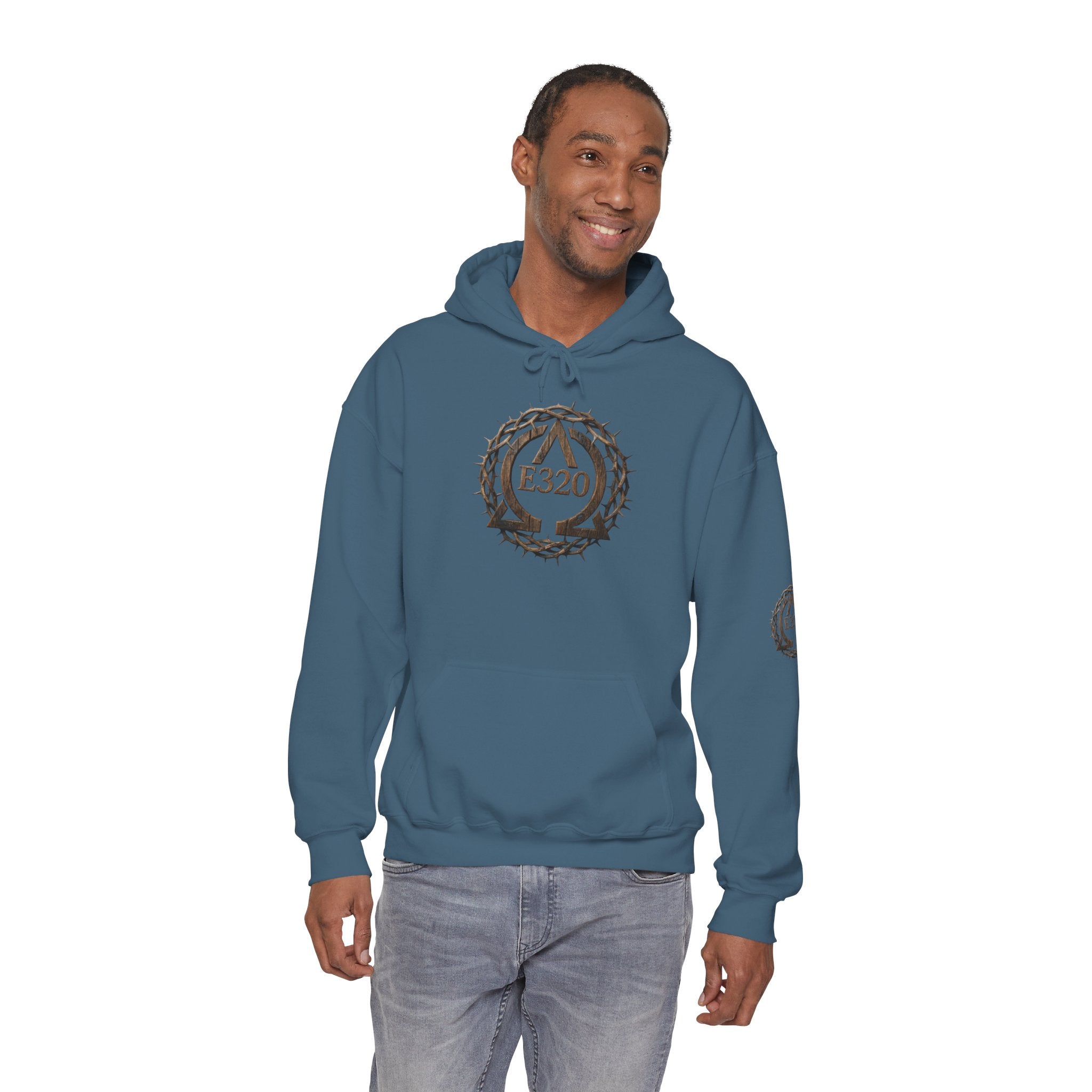 E320 Crest Hoodie — Vintage Wood-Look Alpha and Omega Crown Of Thorns QR Emblem Pullover