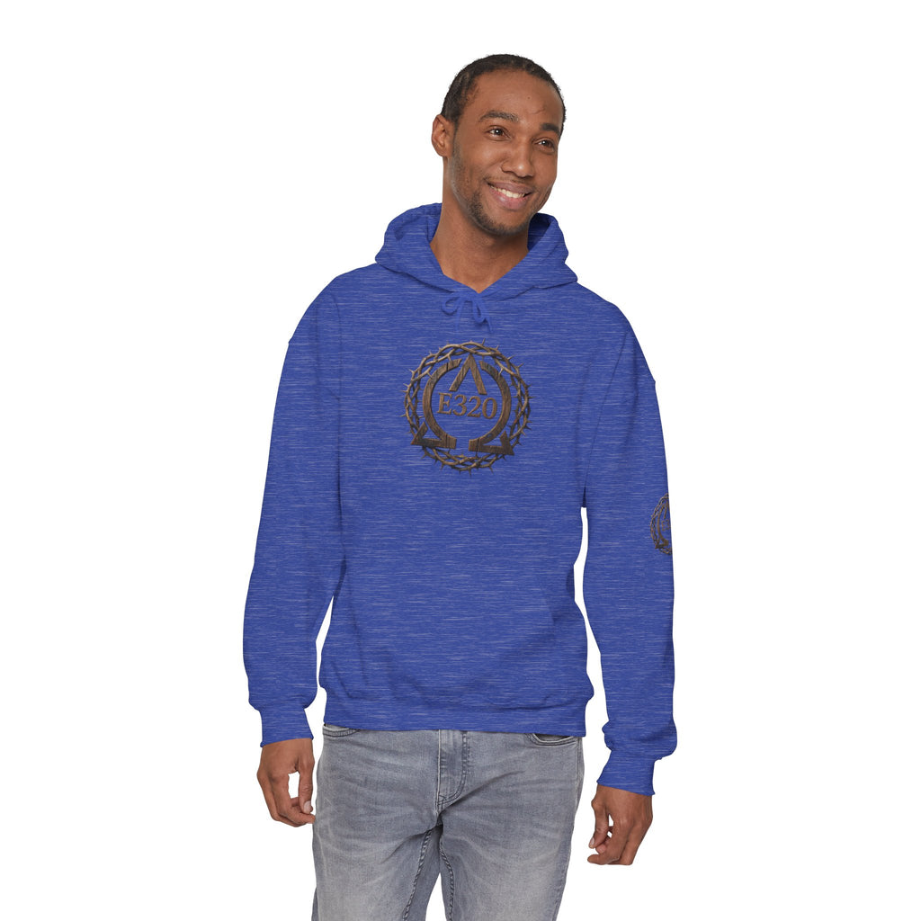 E320 Crest Hoodie — Vintage Wood-Look Alpha and Omega Crown Of Thorns QR Emblem Pullover