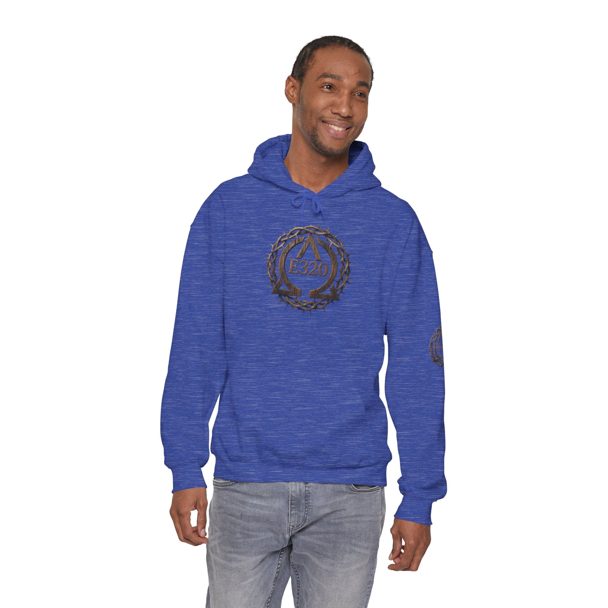 E320 Crest Hoodie — Vintage Wood-Look Alpha and Omega Crown Of Thorns QR Emblem Pullover