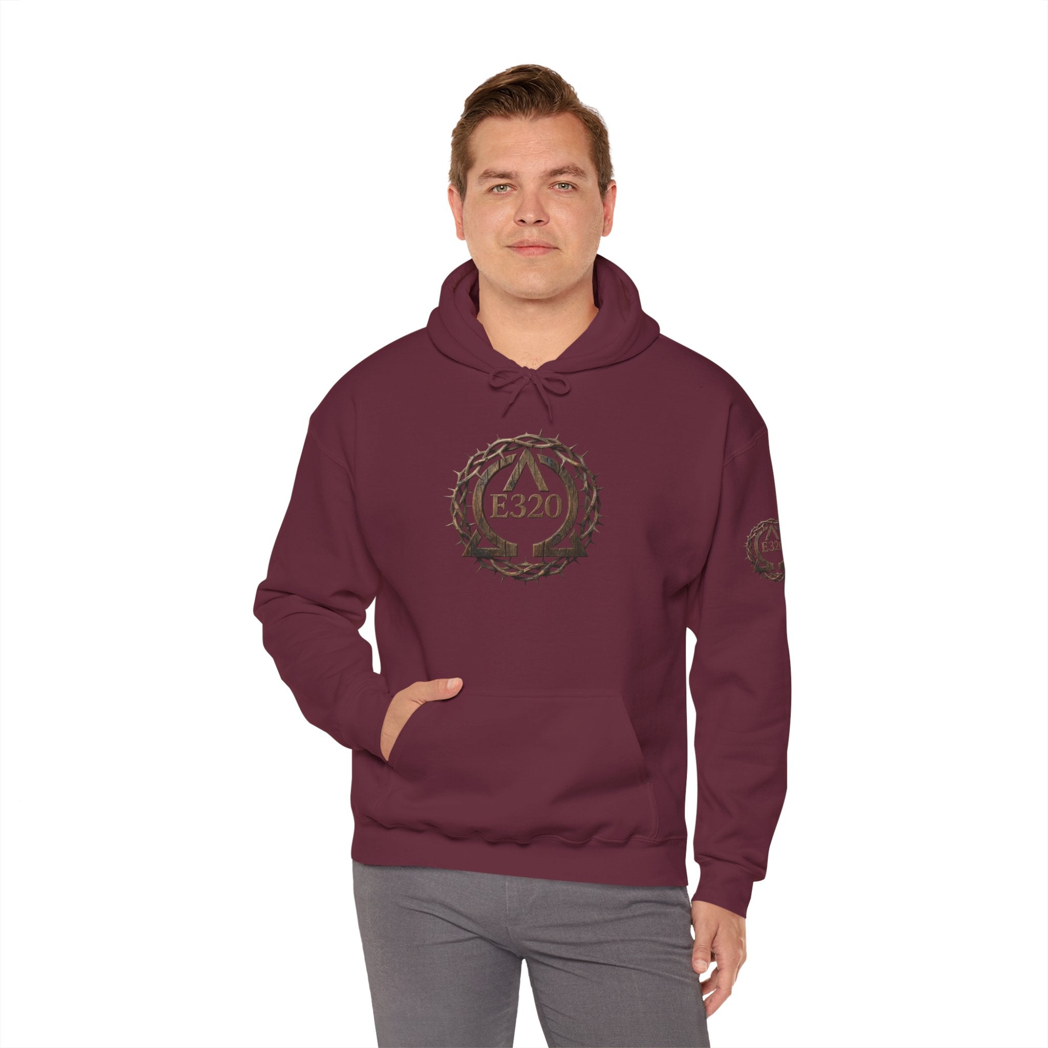 E320 Crest Hoodie — Vintage Wood-Look Alpha and Omega Crown Of Thorns QR Emblem Pullover