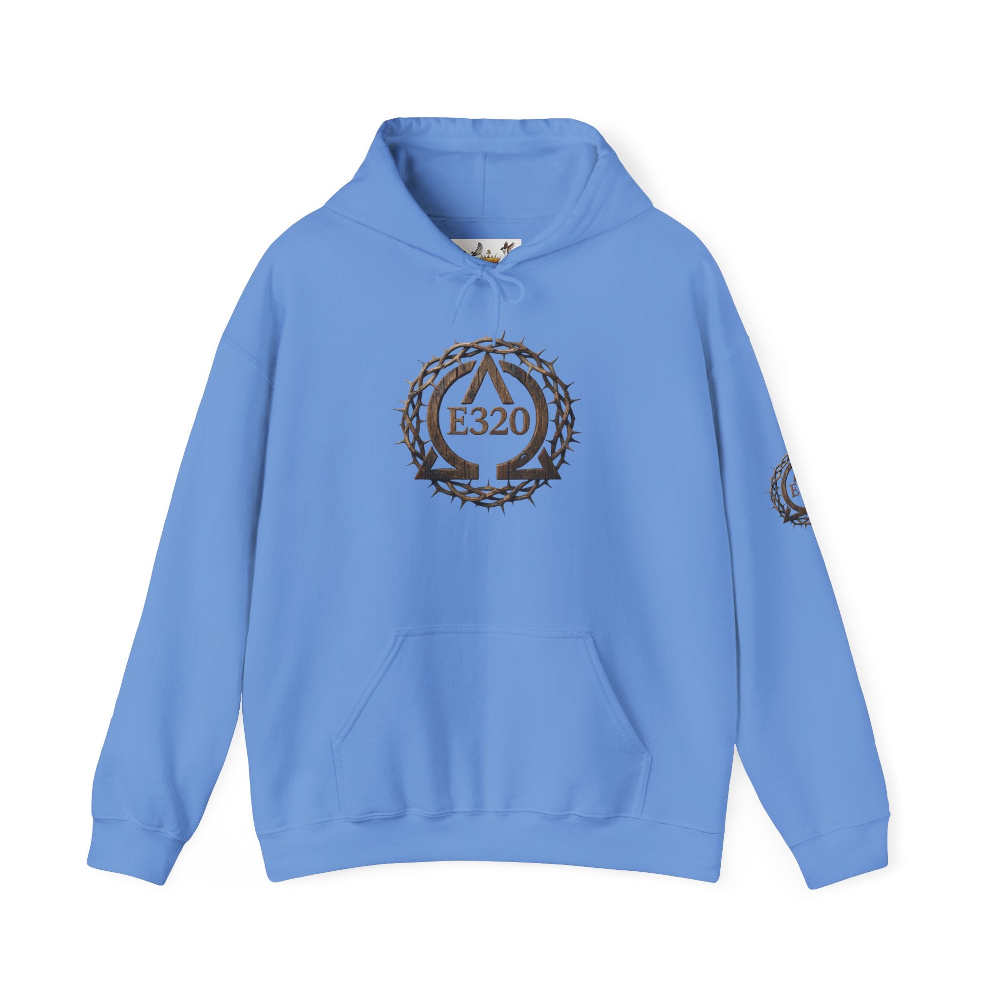 E320 Crest Hoodie — Vintage Wood-Look Alpha and Omega Crown Of Thorns QR Emblem Pullover