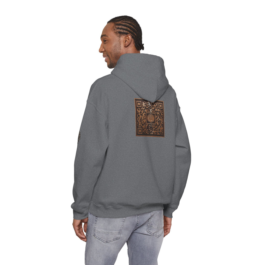 E320 Crest Hoodie — Vintage Wood-Look Alpha and Omega Crown Of Thorns QR Emblem Pullover