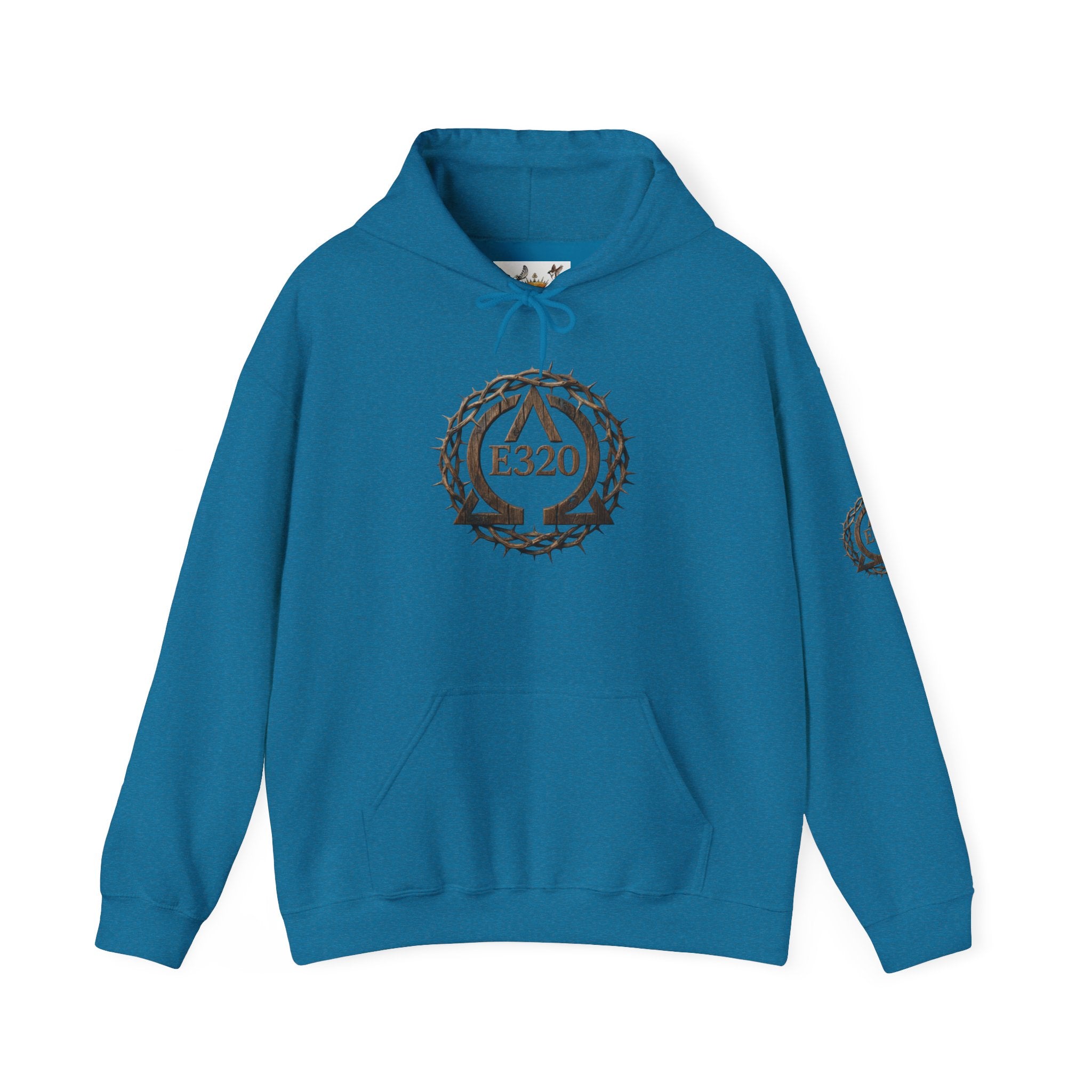 E320 Crest Hoodie — Vintage Wood-Look Alpha and Omega Crown Of Thorns QR Emblem Pullover
