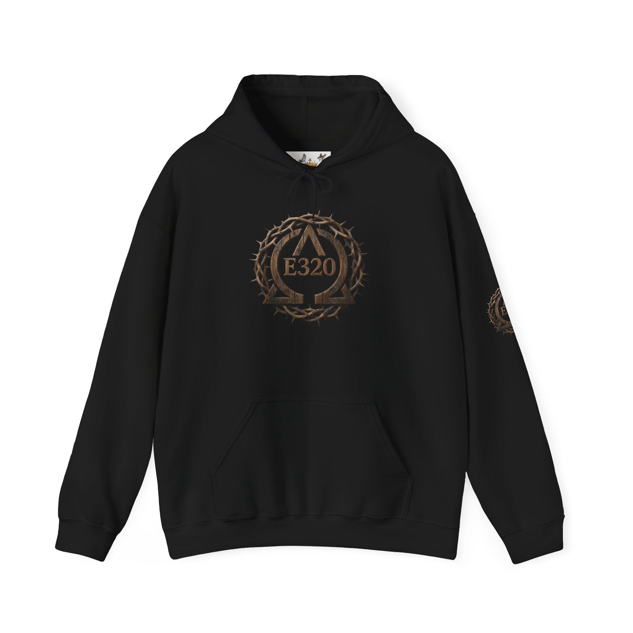 E320 Crest Hoodie — Vintage Wood-Look Alpha and Omega Crown Of Thorns QR Emblem Pullover