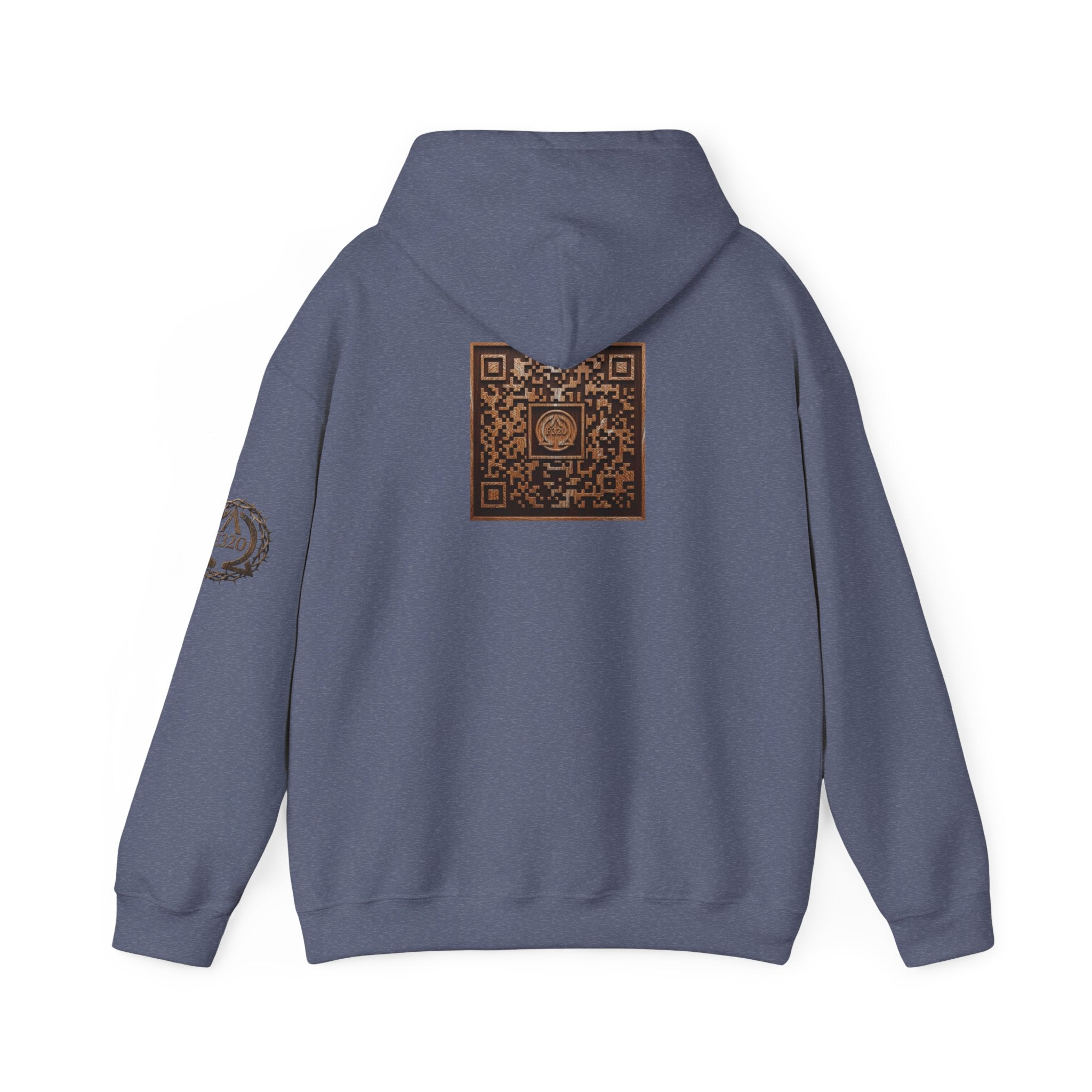 E320 Crest Hoodie — Vintage Wood-Look Alpha and Omega Crown Of Thorns QR Emblem Pullover