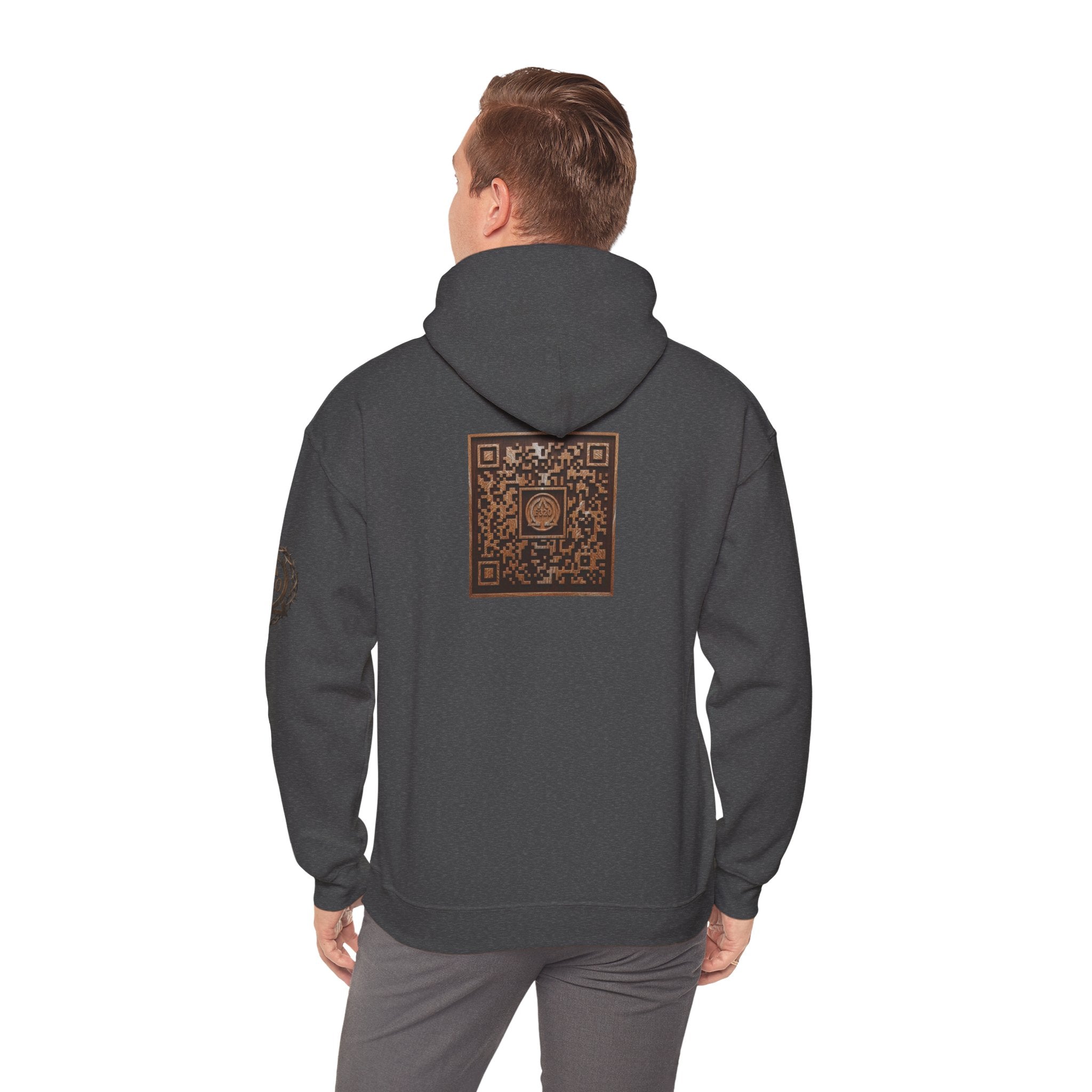 E320 Crest Hoodie — Vintage Wood-Look Alpha and Omega Crown Of Thorns QR Emblem Pullover