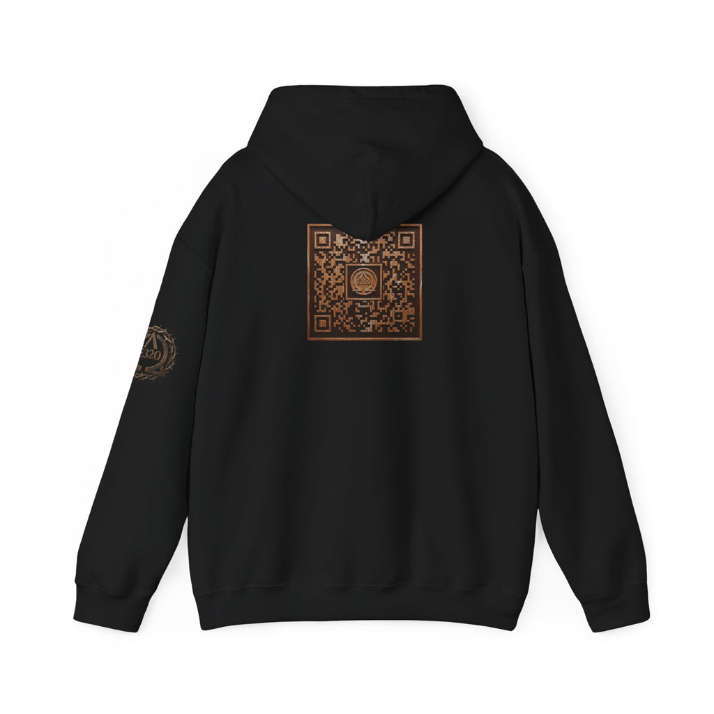 E320 Crest Hoodie — Vintage Wood-Look Alpha and Omega Crown Of Thorns QR Emblem Pullover
