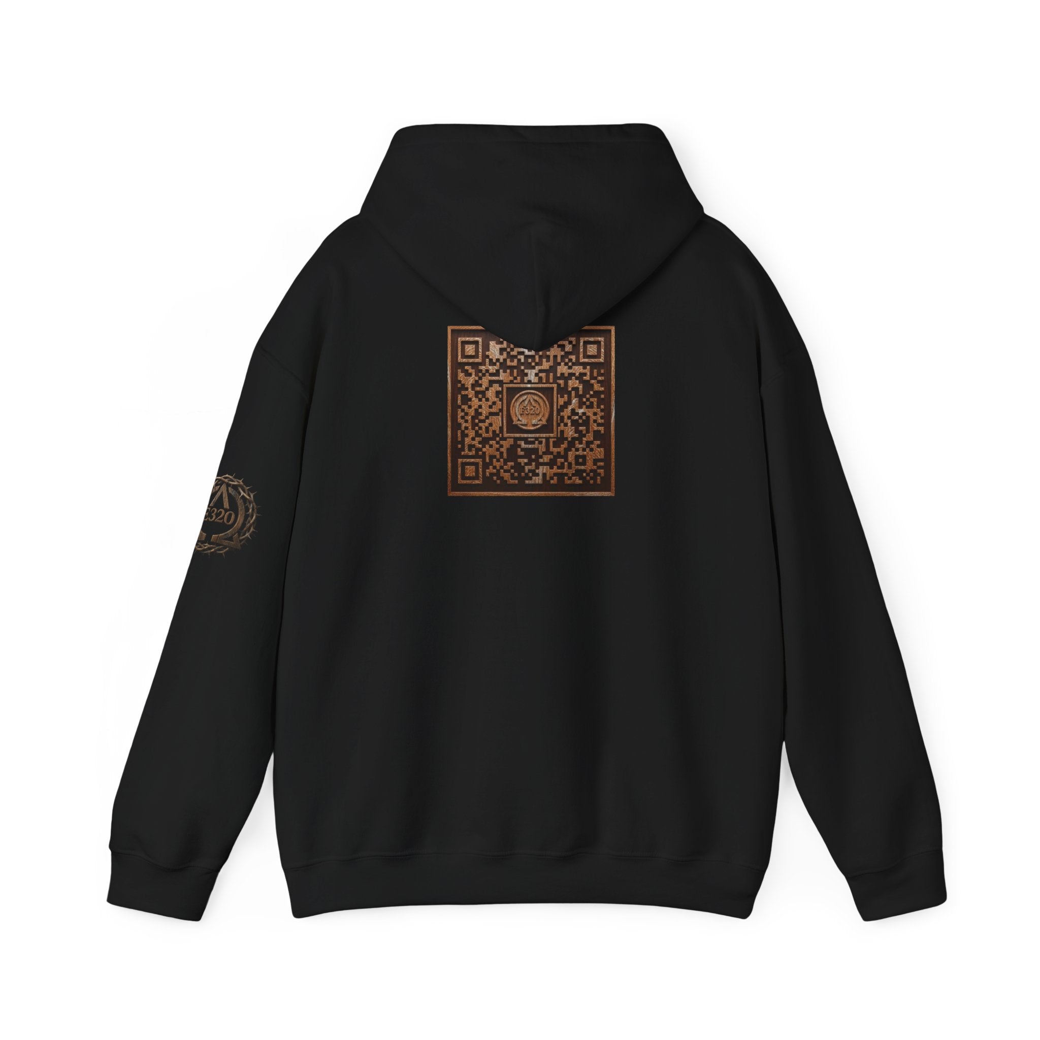 E320 Crest Hoodie — Vintage Wood-Look Alpha and Omega Crown Of Thorns QR Emblem Pullover