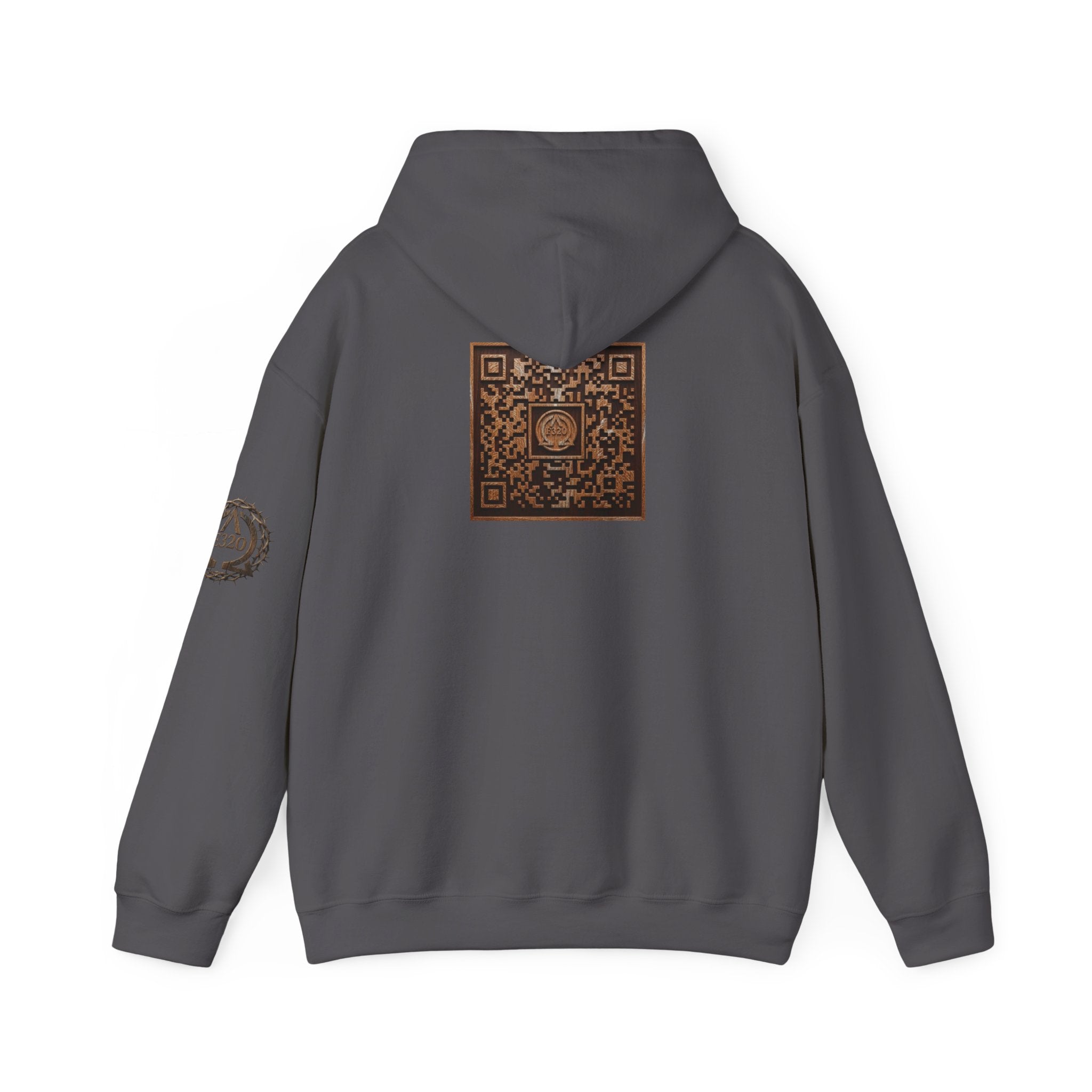 E320 Crest Hoodie — Vintage Wood-Look Alpha and Omega Crown Of Thorns QR Emblem Pullover