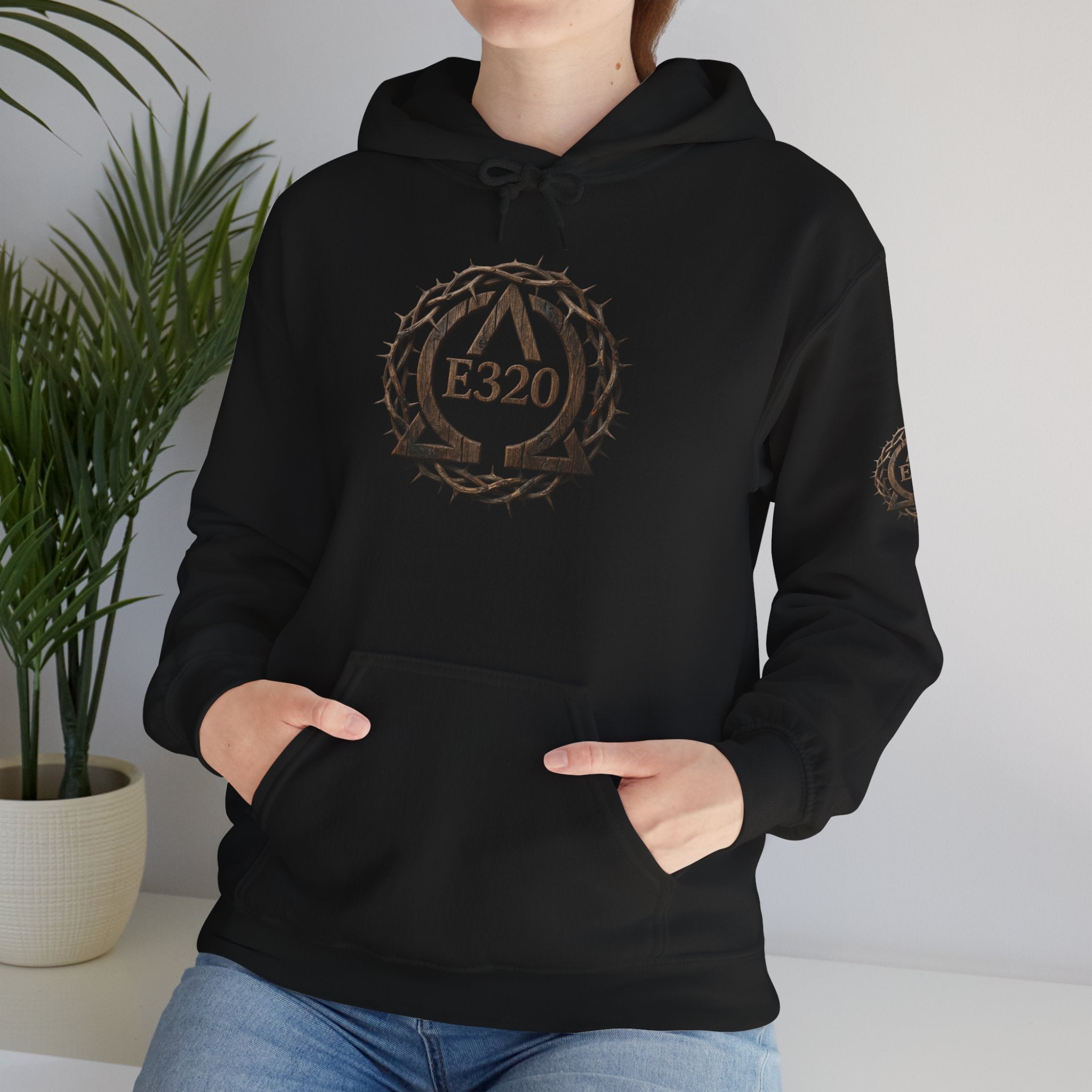 E320 Crest Hoodie — Vintage Wood-Look Alpha and Omega Crown Of Thorns QR Emblem Pullover