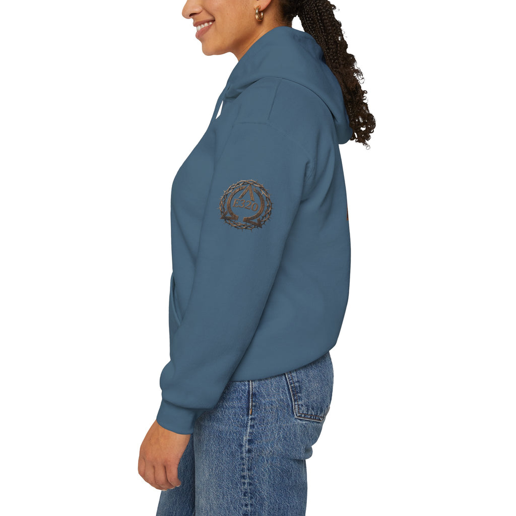E320 Crest Hoodie — Vintage Wood-Look Alpha and Omega Crown Of Thorns QR Emblem Pullover