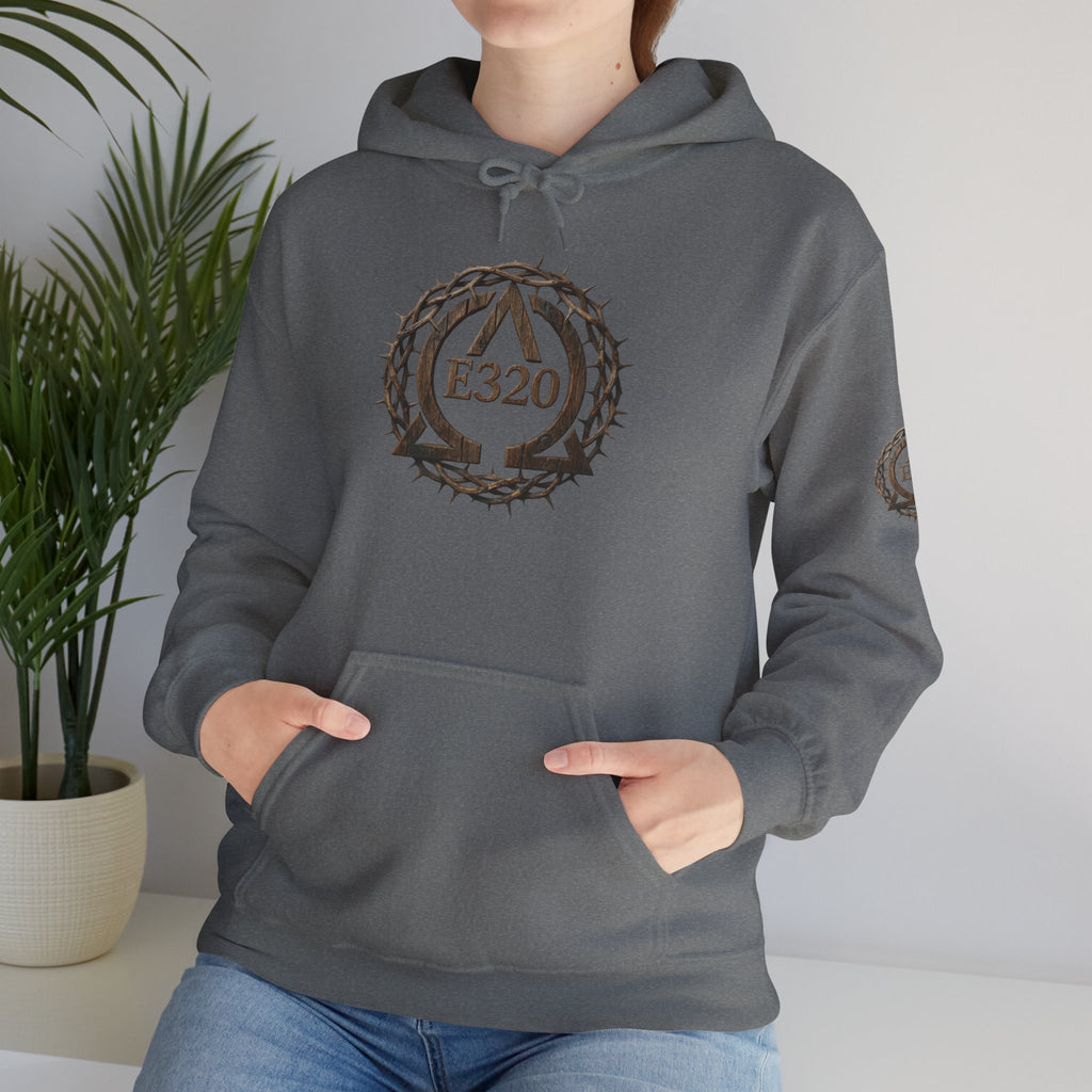 E320 Crest Hoodie — Vintage Wood-Look Alpha and Omega Crown Of Thorns QR Emblem Pullover