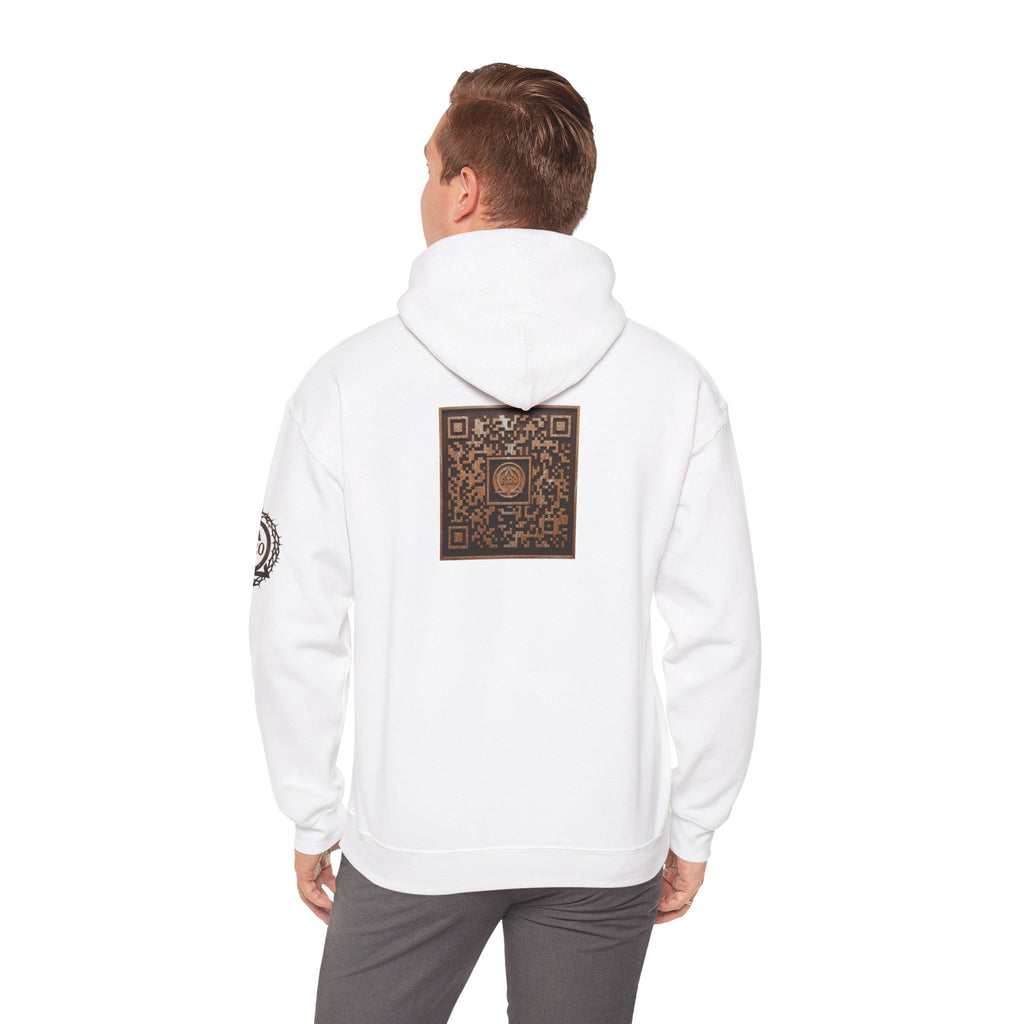 E320 Crest Hoodie — Vintage Wood-Look Alpha and Omega Crown Of Thorns QR Emblem Pullover