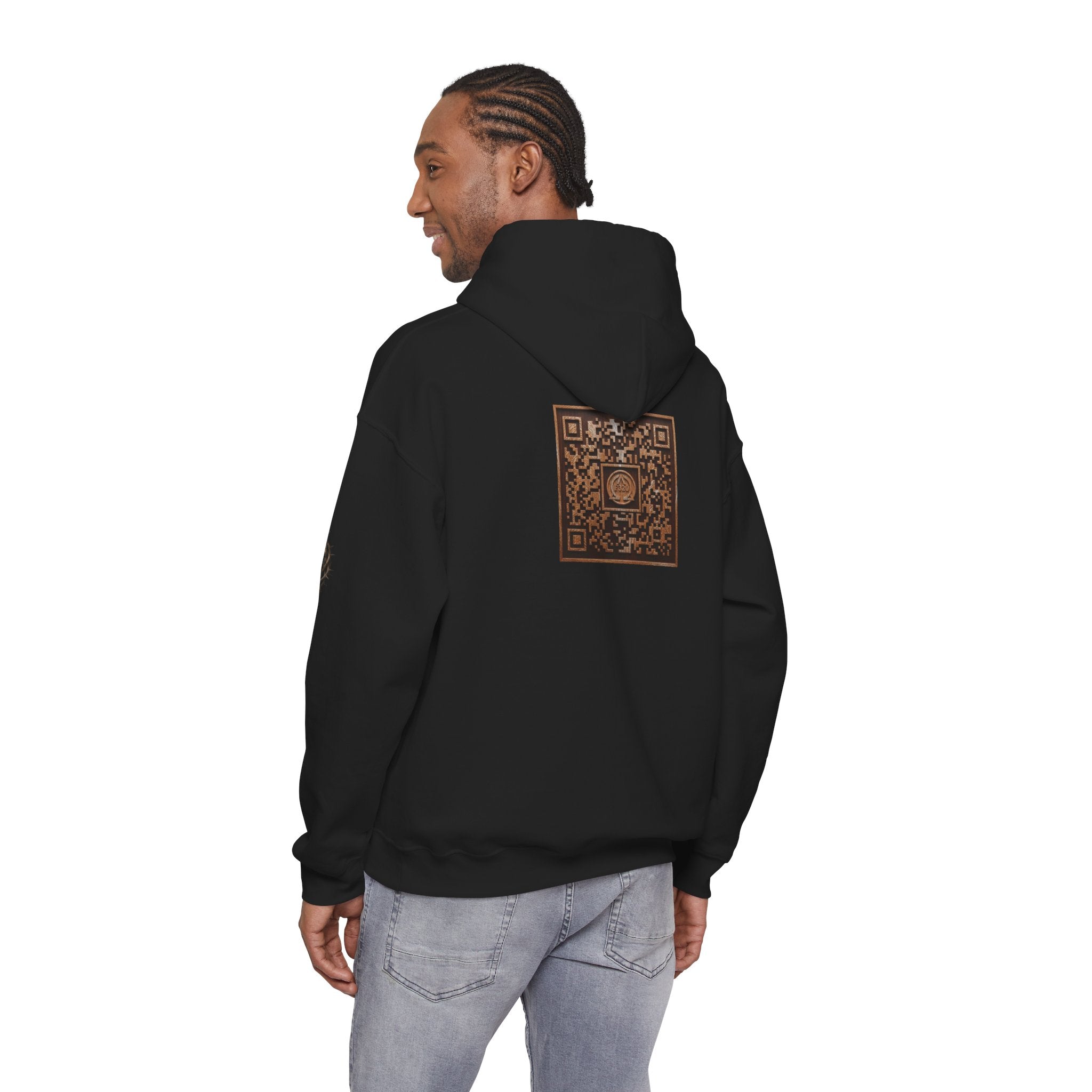 E320 Crest Hoodie — Vintage Wood-Look Alpha and Omega Crown Of Thorns QR Emblem Pullover