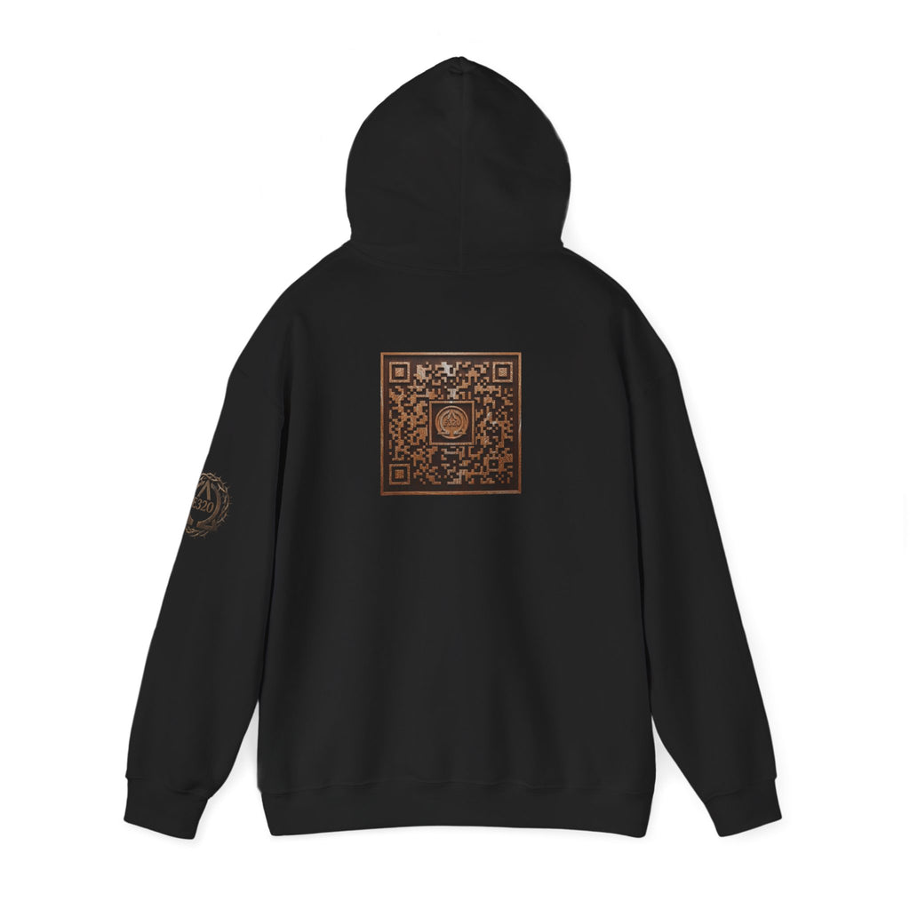 E320 Crest Hoodie — Vintage Wood-Look Alpha and Omega Crown Of Thorns QR Emblem Pullover