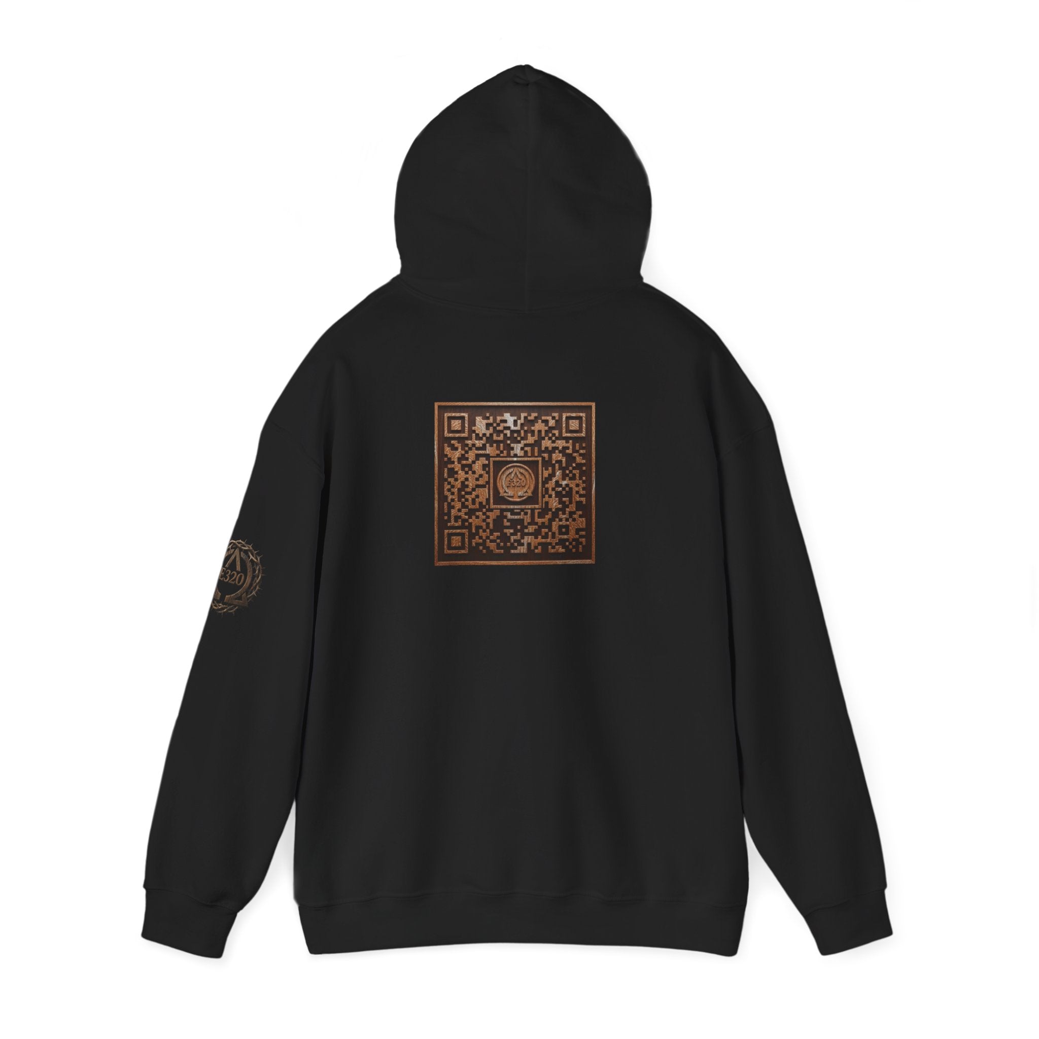 E320 Crest Hoodie — Vintage Wood-Look Alpha and Omega Crown Of Thorns QR Emblem Pullover