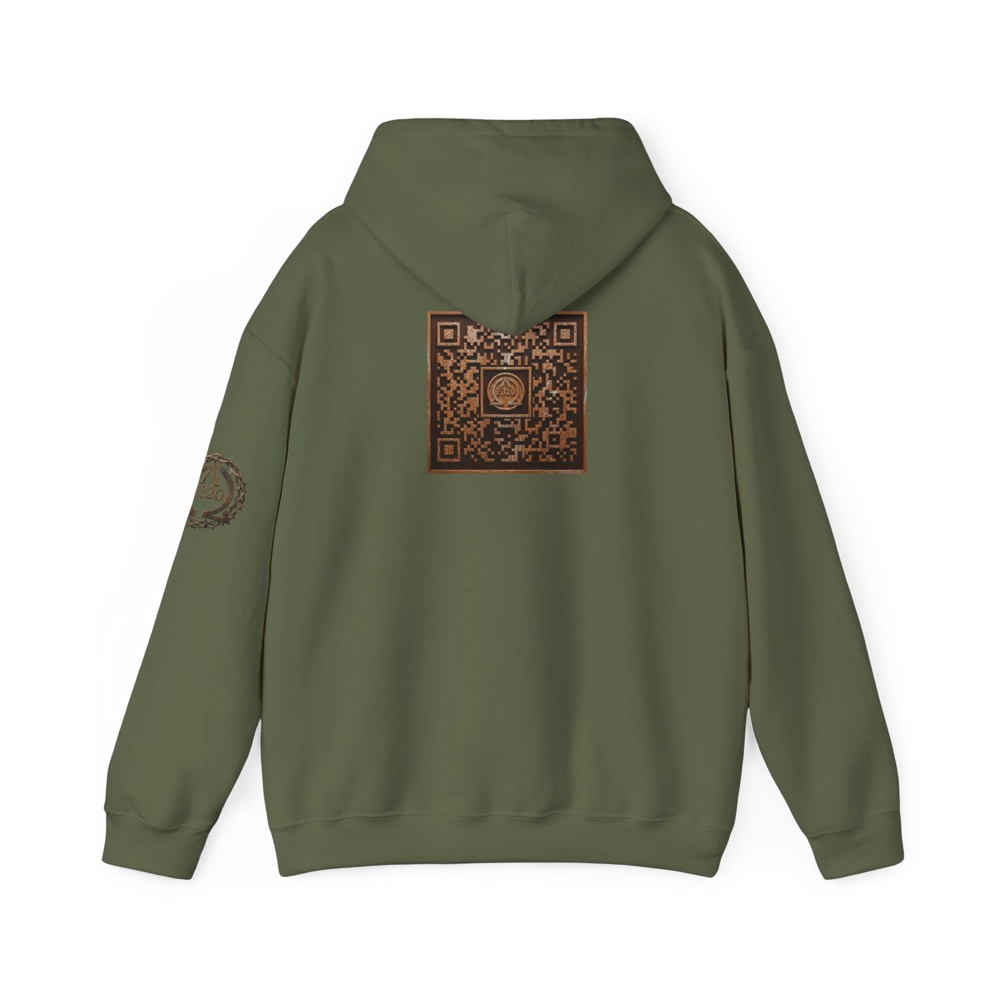 E320 Crest Hoodie — Vintage Wood-Look Alpha and Omega Crown Of Thorns QR Emblem Pullover