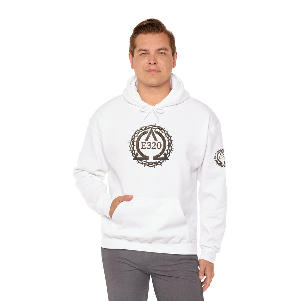 E320 Crest Hoodie — Vintage Wood-Look Alpha and Omega Crown Of Thorns QR Emblem Pullover