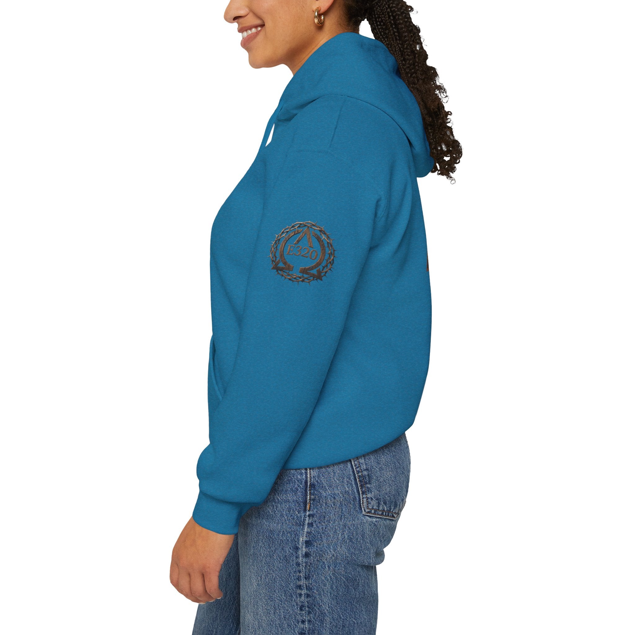E320 Crest Hoodie — Vintage Wood-Look Alpha and Omega Crown Of Thorns QR Emblem Pullover