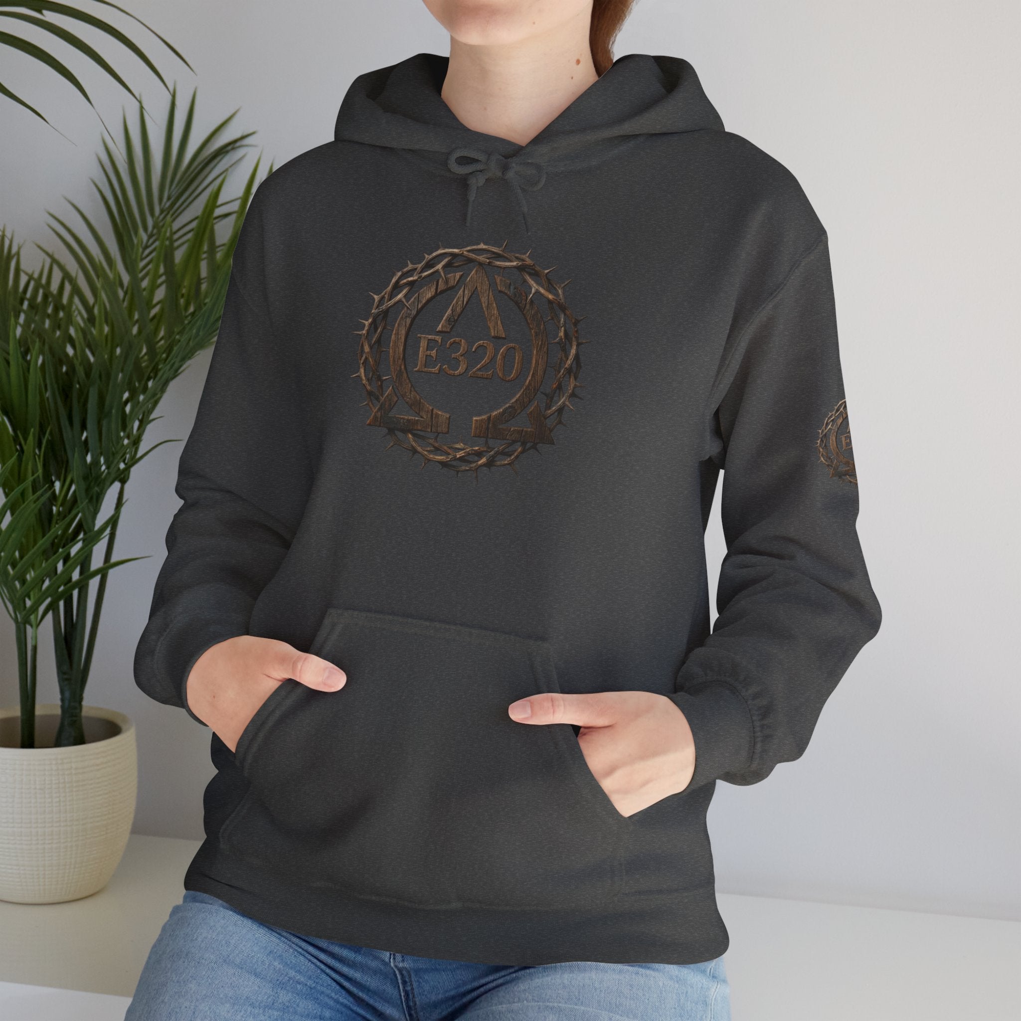 E320 Crest Hoodie — Vintage Wood-Look Alpha and Omega Crown Of Thorns QR Emblem Pullover