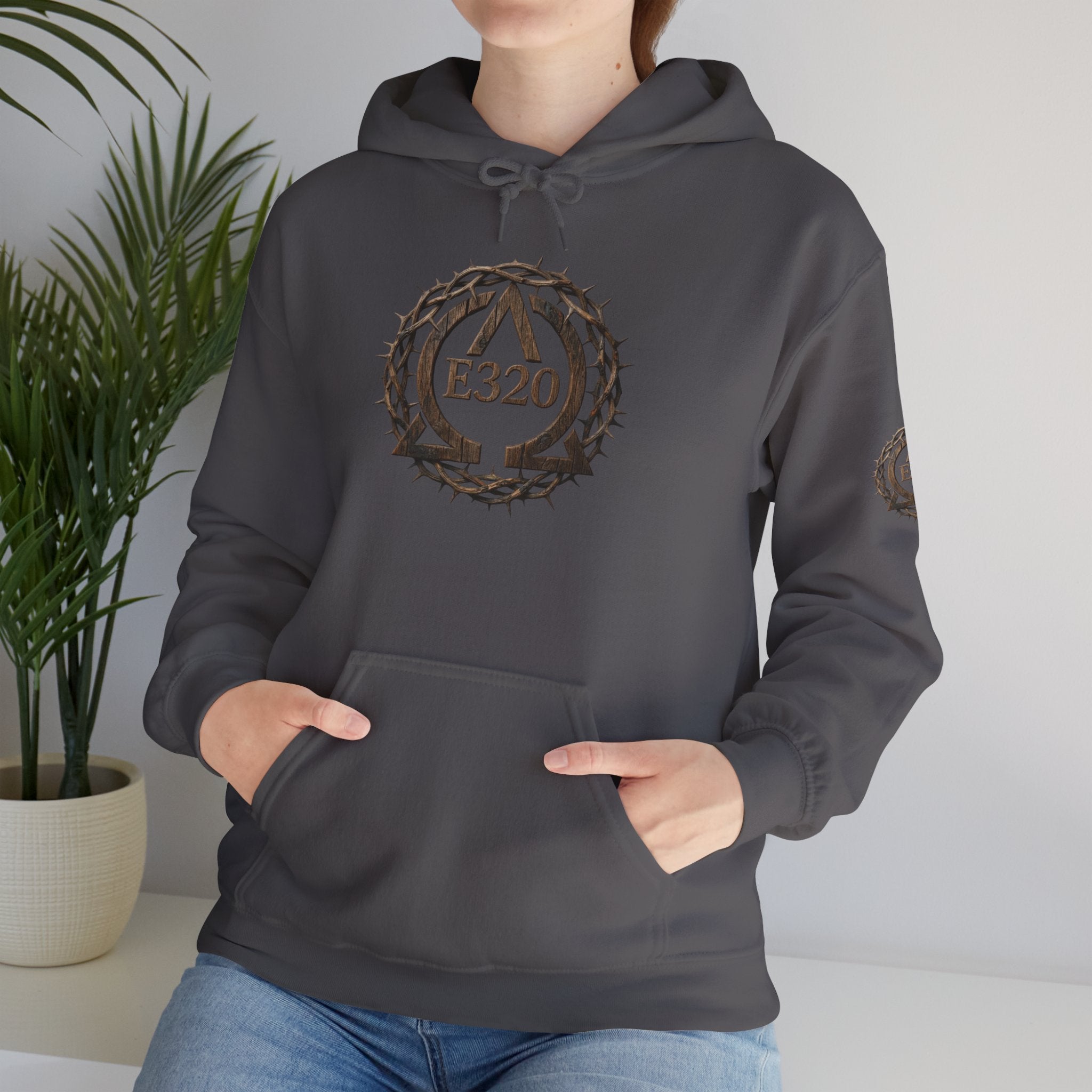 E320 Crest Hoodie — Vintage Wood-Look Alpha and Omega Crown Of Thorns QR Emblem Pullover