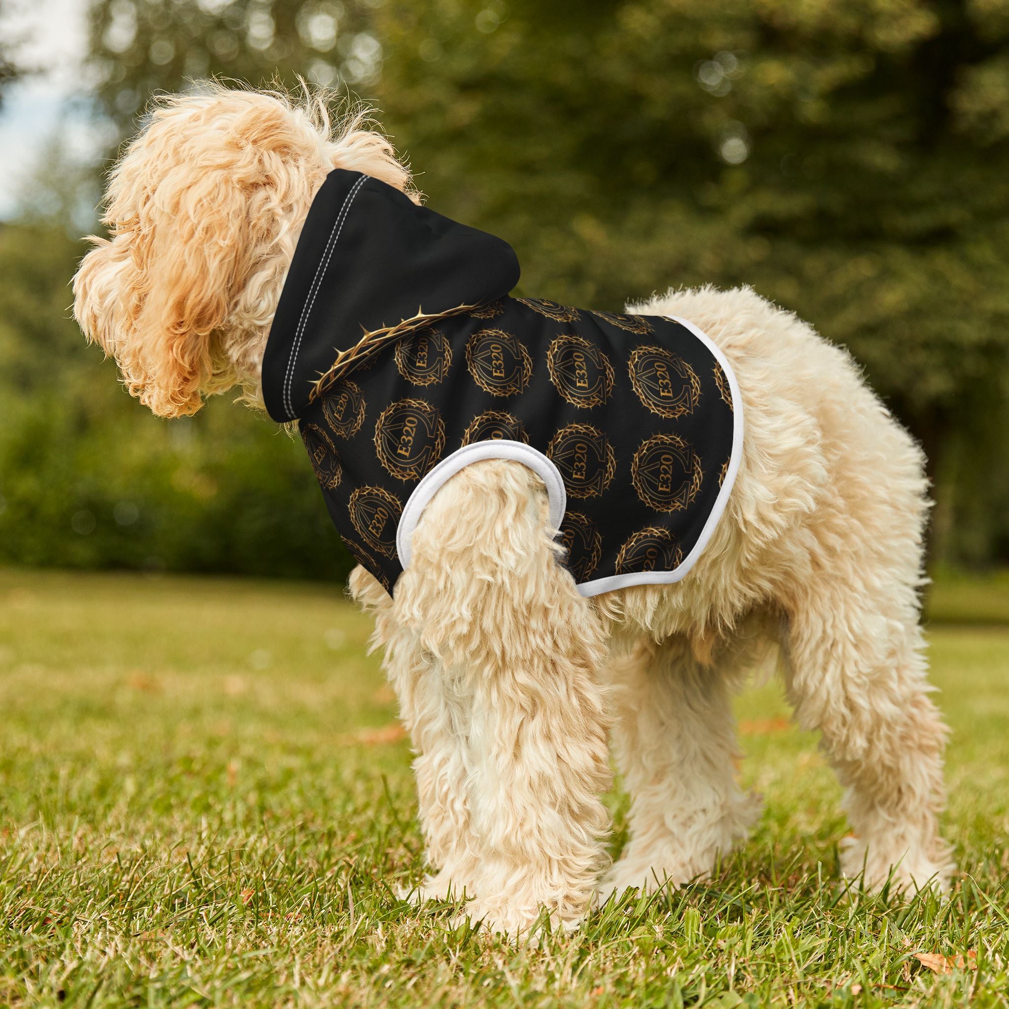 Pet Hoodie — Luxe Black & Gold Crest Pattern Hooded Dog Sweatshirt