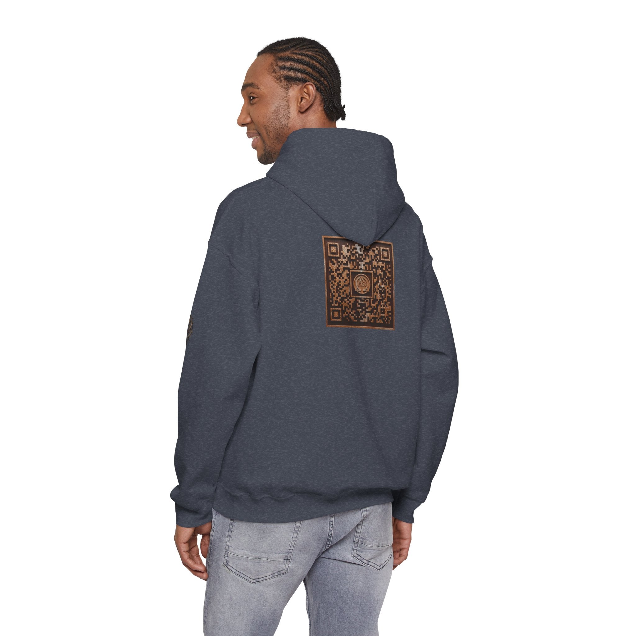E320 Crest Hoodie — Vintage Wood-Look Alpha and Omega Crown Of Thorns QR Emblem Pullover