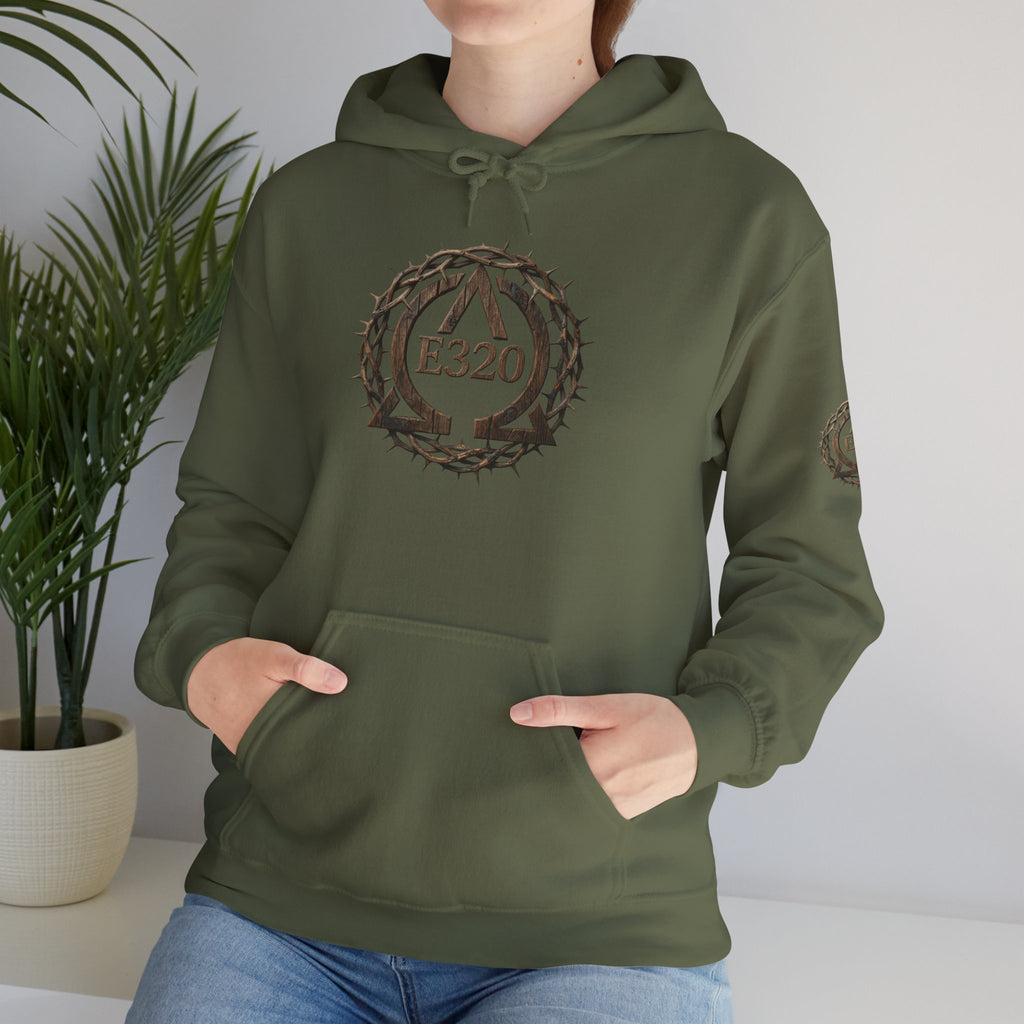 E320 Crest Hoodie — Vintage Wood-Look Alpha and Omega Crown Of Thorns QR Emblem Pullover