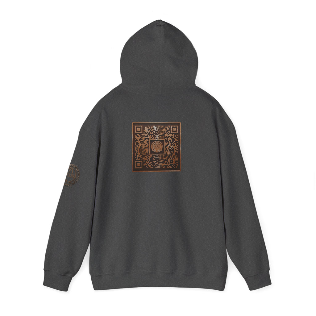 E320 Crest Hoodie — Vintage Wood-Look Alpha and Omega Crown Of Thorns QR Emblem Pullover