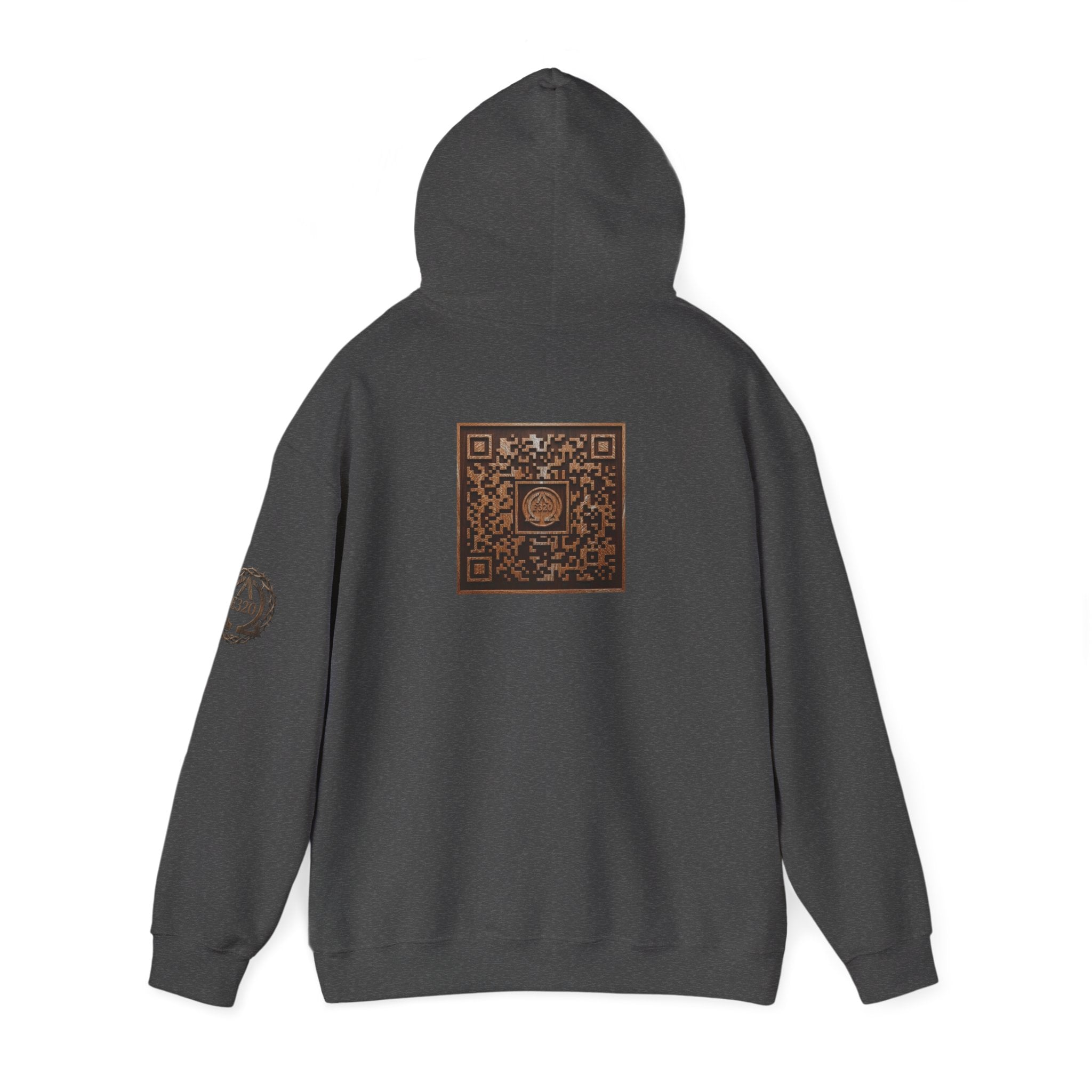 E320 Crest Hoodie — Vintage Wood-Look Alpha and Omega Crown Of Thorns QR Emblem Pullover