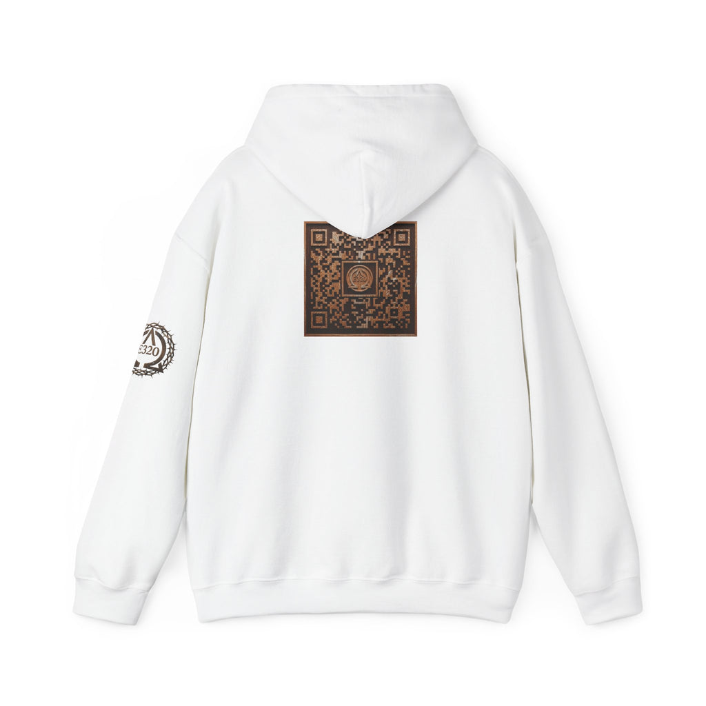 E320 Crest Hoodie — Vintage Wood-Look Alpha and Omega Crown Of Thorns QR Emblem Pullover