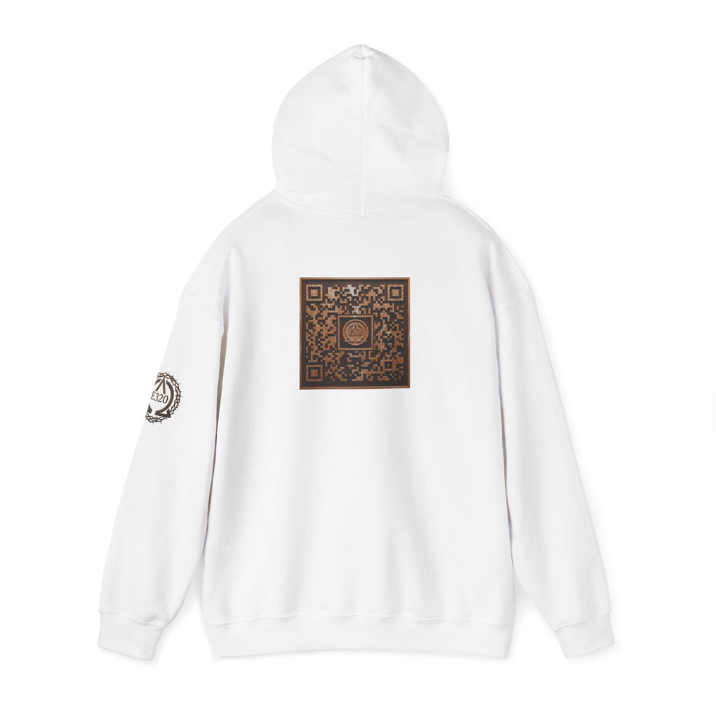 E320 Crest Hoodie — Vintage Wood-Look Alpha and Omega Crown Of Thorns QR Emblem Pullover