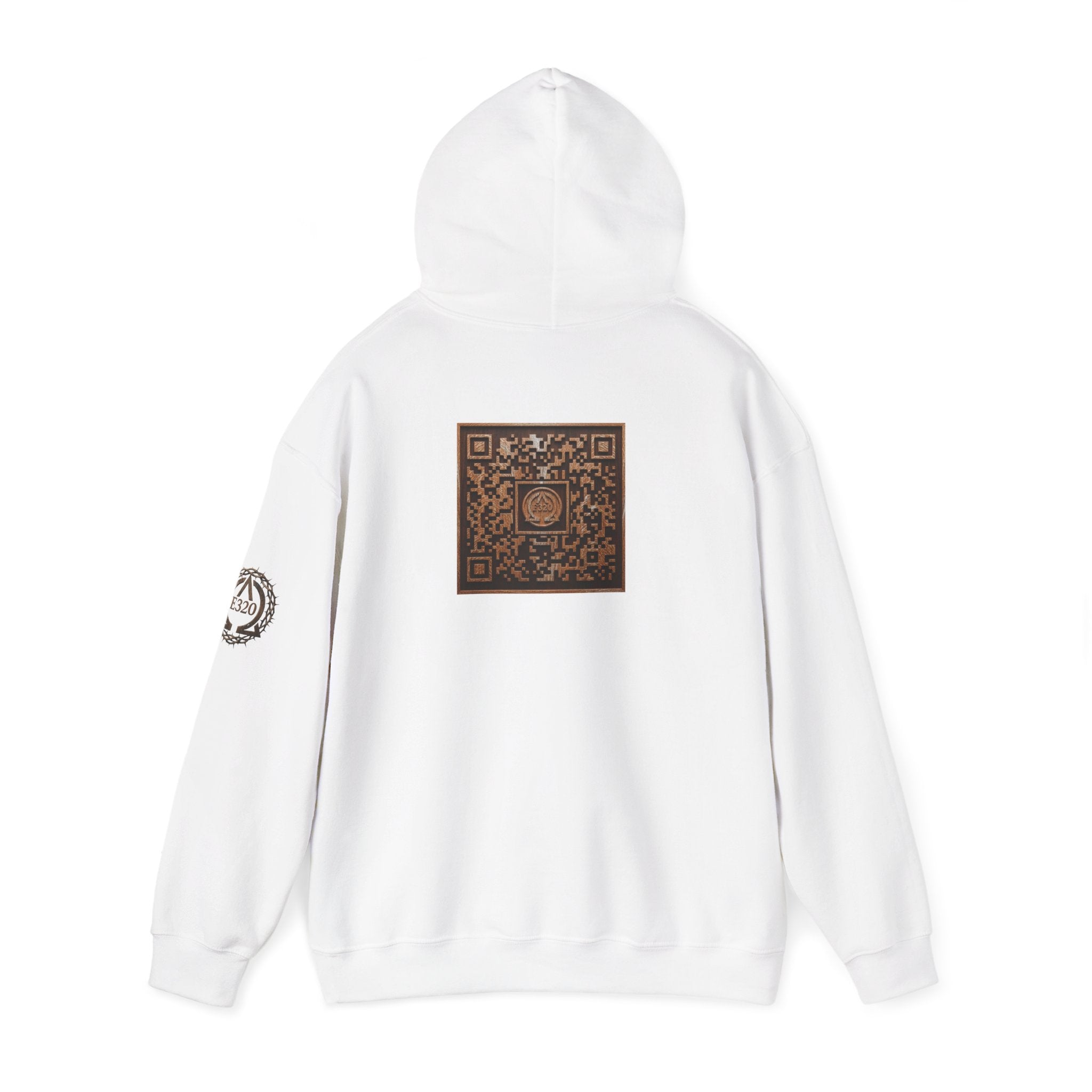 E320 Crest Hoodie — Vintage Wood-Look Alpha and Omega Crown Of Thorns QR Emblem Pullover