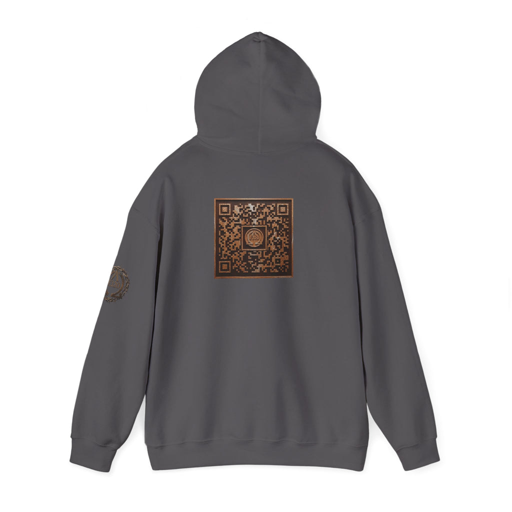 E320 Crest Hoodie — Vintage Wood-Look Alpha and Omega Crown Of Thorns QR Emblem Pullover