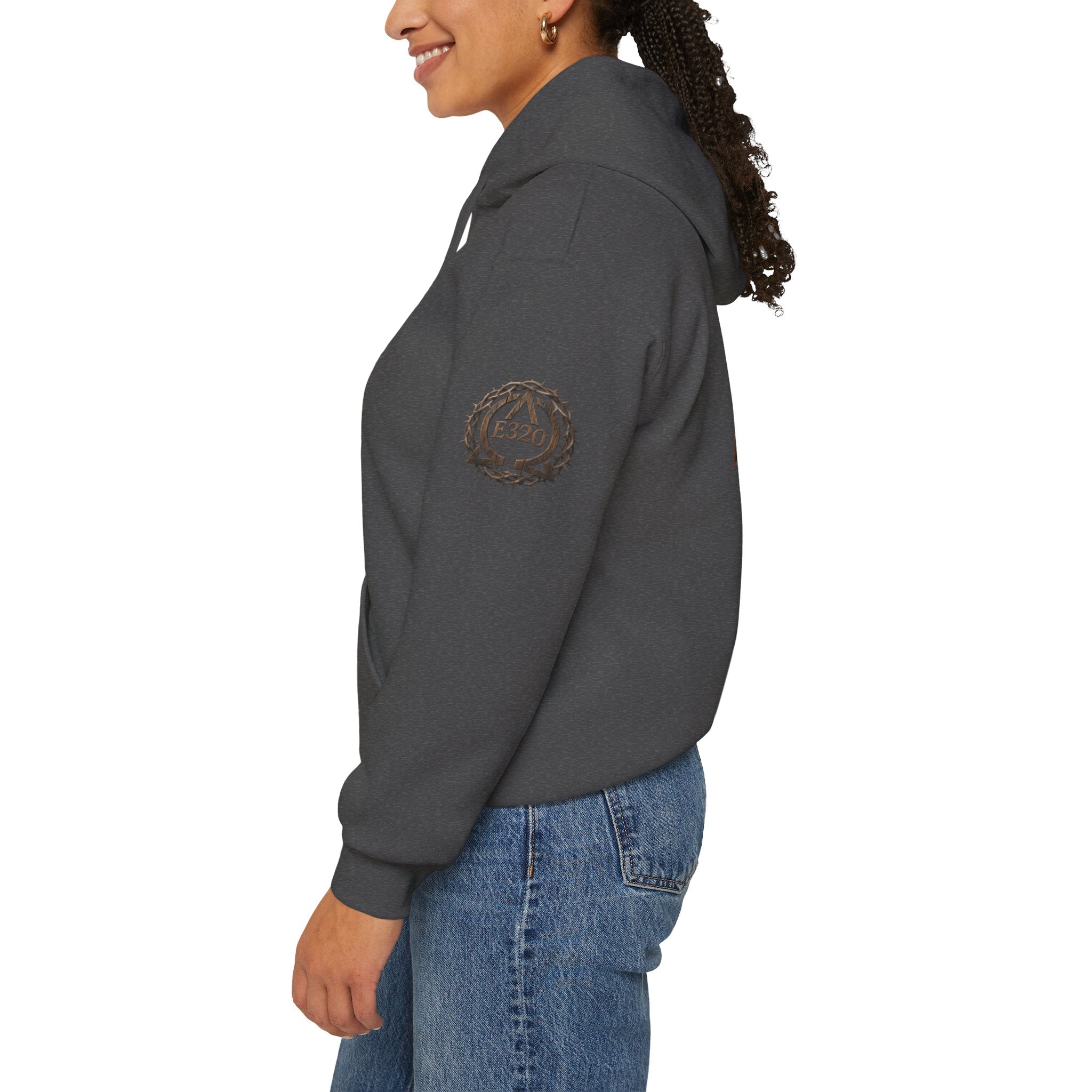E320 Crest Hoodie — Vintage Wood-Look Alpha and Omega Crown Of Thorns QR Emblem Pullover