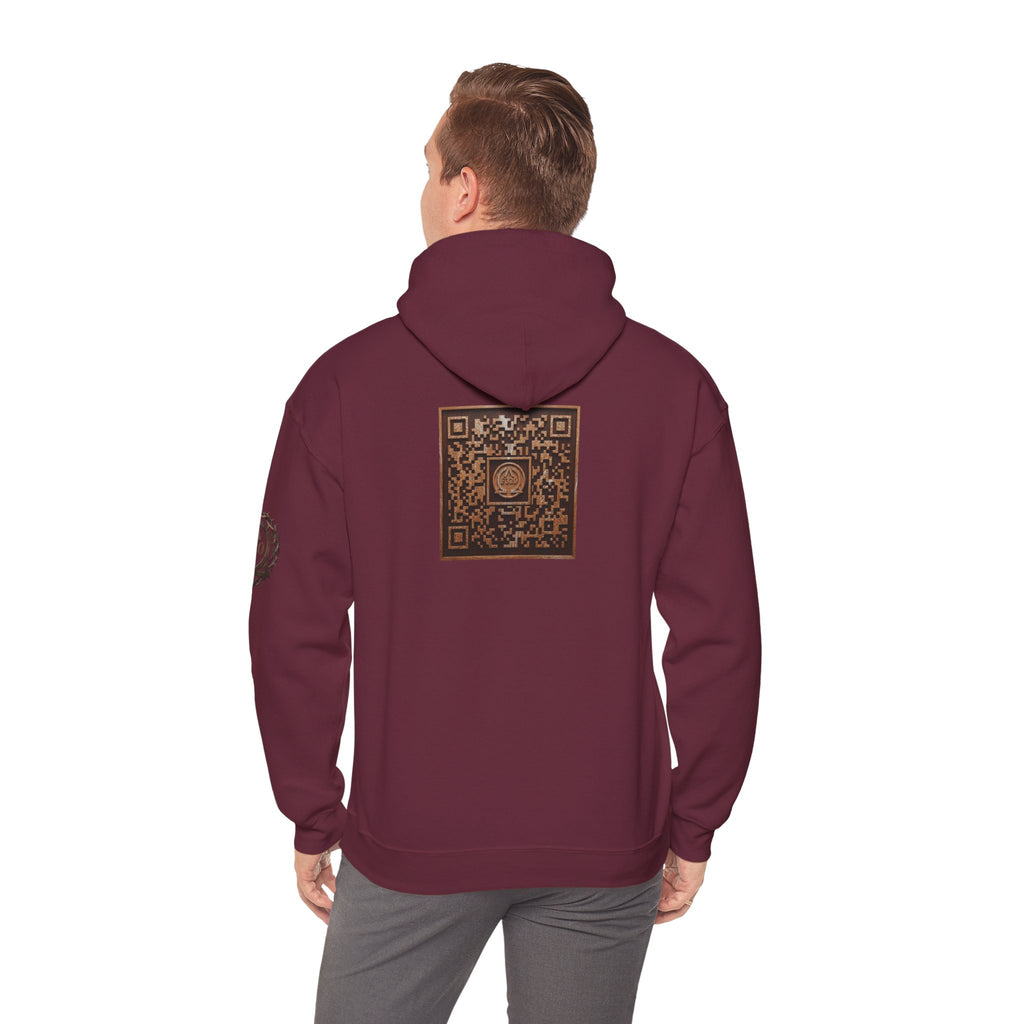 E320 Crest Hoodie — Vintage Wood-Look Alpha and Omega Crown Of Thorns QR Emblem Pullover